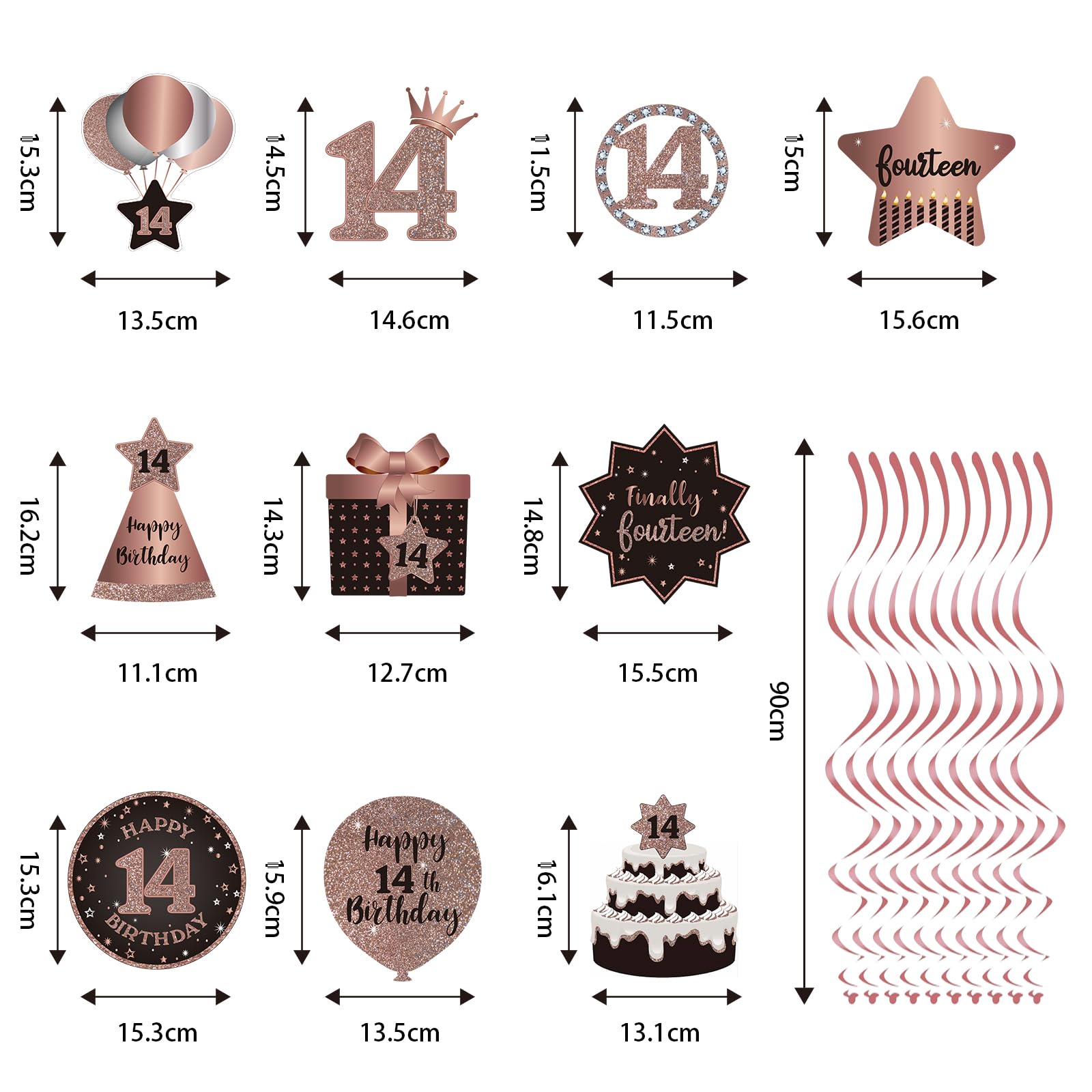 14th Birthday Party Decorations - Rose Gold Hanging Swirls & Streamers with Cutouts for Ceiling | 14 Years Old Celebration Supplies | Perfect for Teen Birthday Parties, Sweet 16 Decorations & Milestone Events