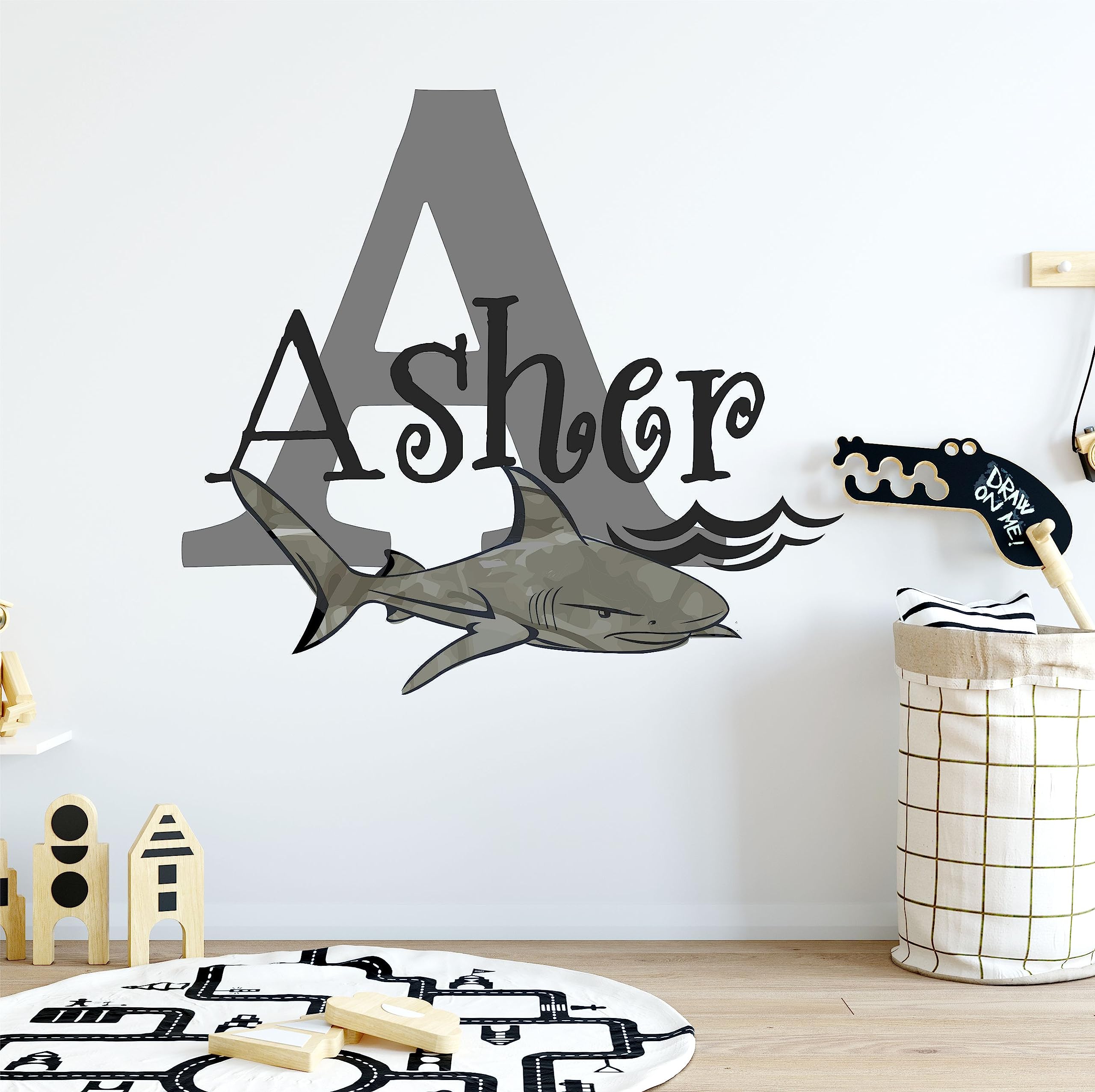 Custom Boys Nursery Baby Shark Beach Summer Theme Personalized Name & Initial Vinyl Wall Decal - Large Wall Decor Sticker for Kids Room & Playroom