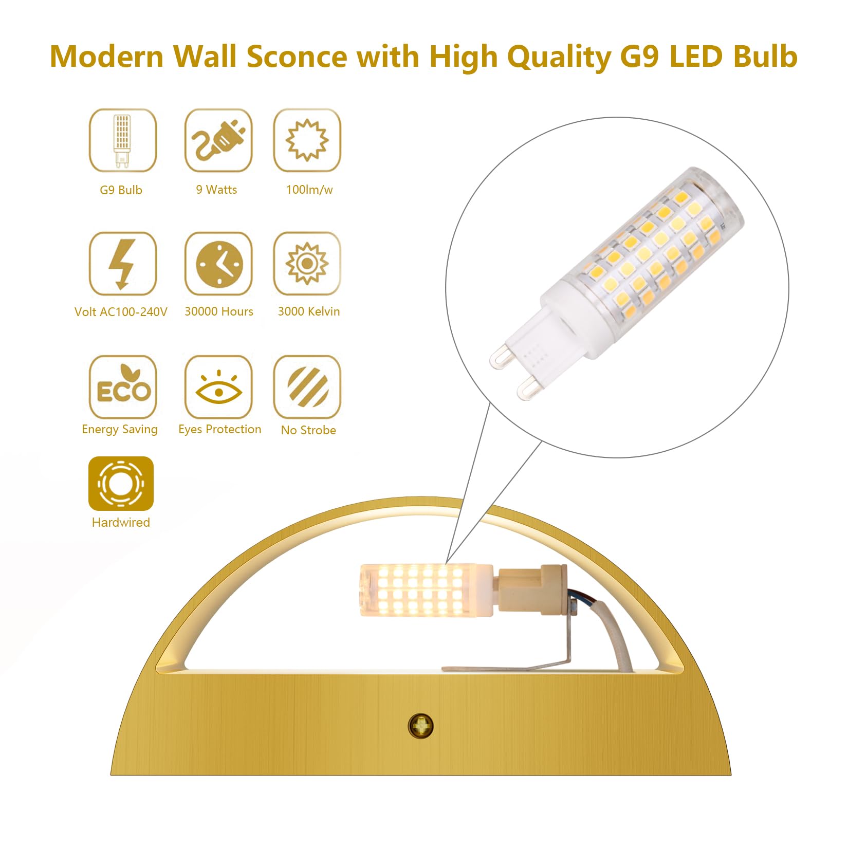Aipsun Brushed Brass Wall Sconce - Hardwired Up Down Wall Light Fixture for Living Room, Bedroom, Hallway - 1 Pack Indoor Wall Mount Lighting with Warm White 3000K G9 Bulbs - Perfect for Ambient Lighting in Home Decor & Interior Design