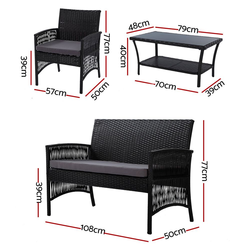 Gardeon 4-Piece Outdoor Patio Furniture Set - All-Weather Wicker Lounge & Dining Chairs with Table - Black Rattan Sofa Set for Garden, Poolside, Backyard & Balcony