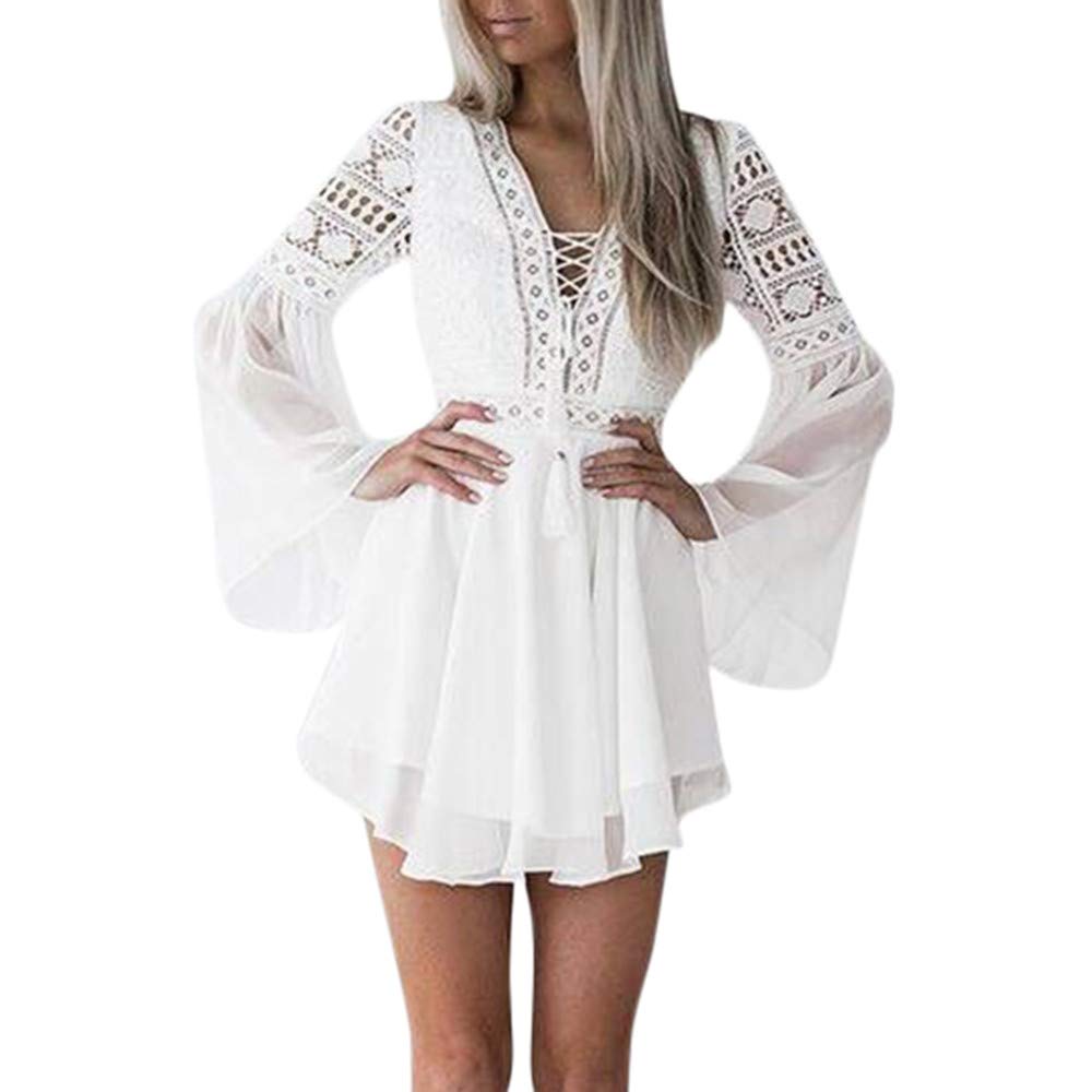 Boho Lace Hollow Long Sleeve Cocktail Dress for Women - Elegant Bandage Beach Party Dress for Night Out, Club, Vacation & Summer Events