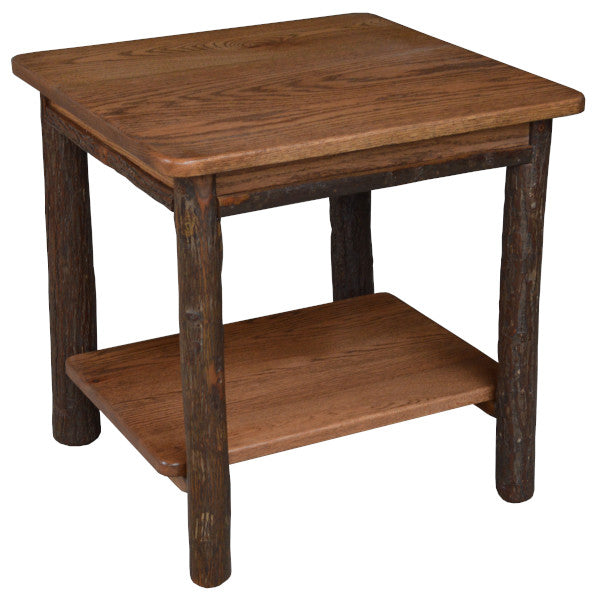 Solid Hickory Wood End Table with Shelf - Stylish & Durable Side Table for Living Room, Bedroom, or Office