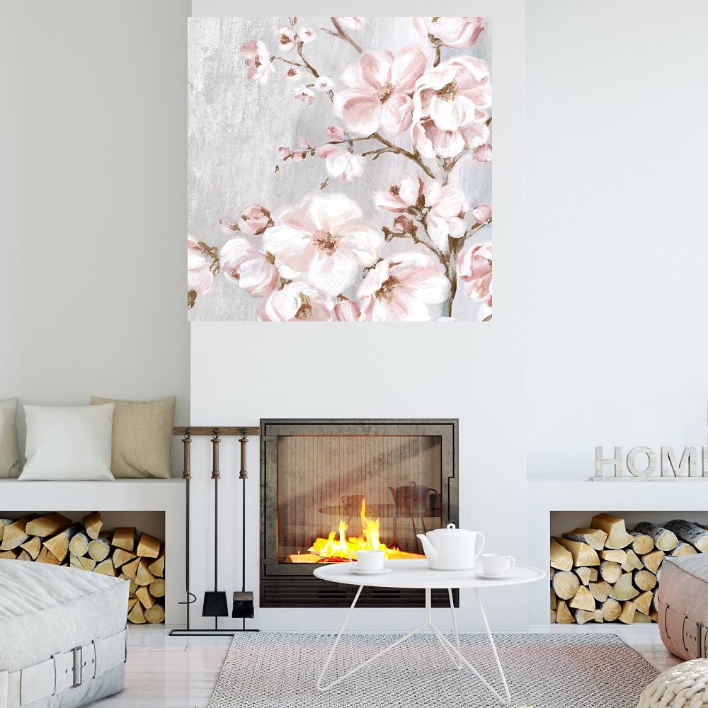 Spring Cherry Blossoms II Canvas Wall Art - 22x22 Inch Hand-Painted Floral Decor by Eva Watts - Perfect for Living Room, Bedroom, Office & Dining Area - Ready to Hang Home Decor for Spring Refresh & Housewarming Gifts