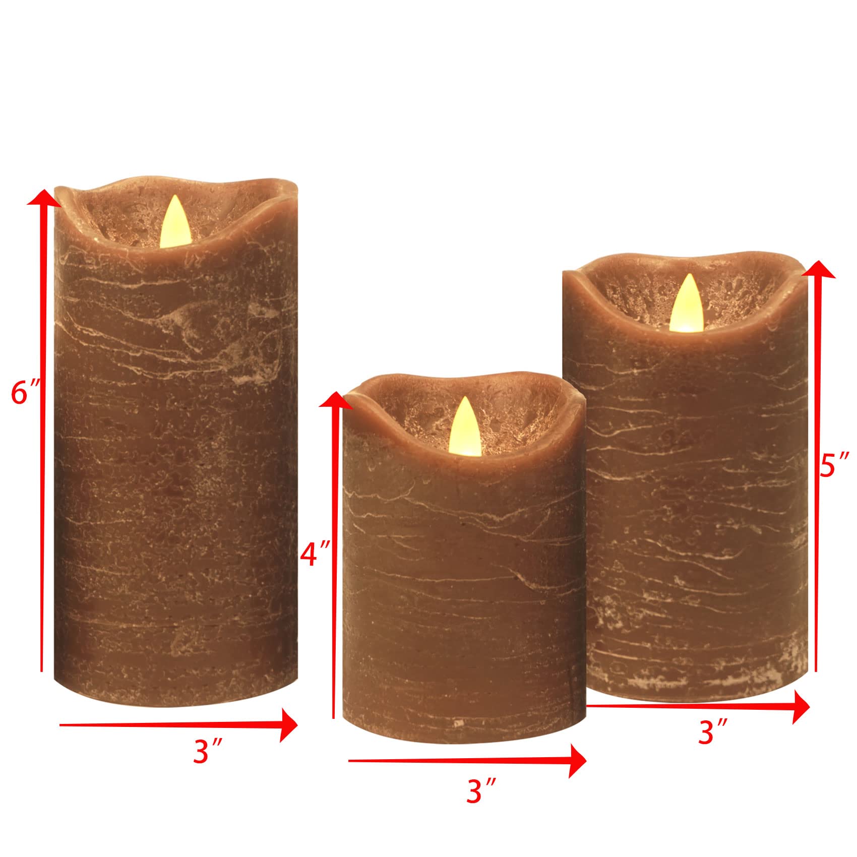 Real Wax Flameless LED Candles with Timer - Set of 3 Battery Operated Pillar Candles, Realistic Flickering & Rustic Brown Texture, 6H On/18H Off Auto Cycle - Perfect for Home Decor, Weddings, Romantic Dinners & Holiday Centerpieces