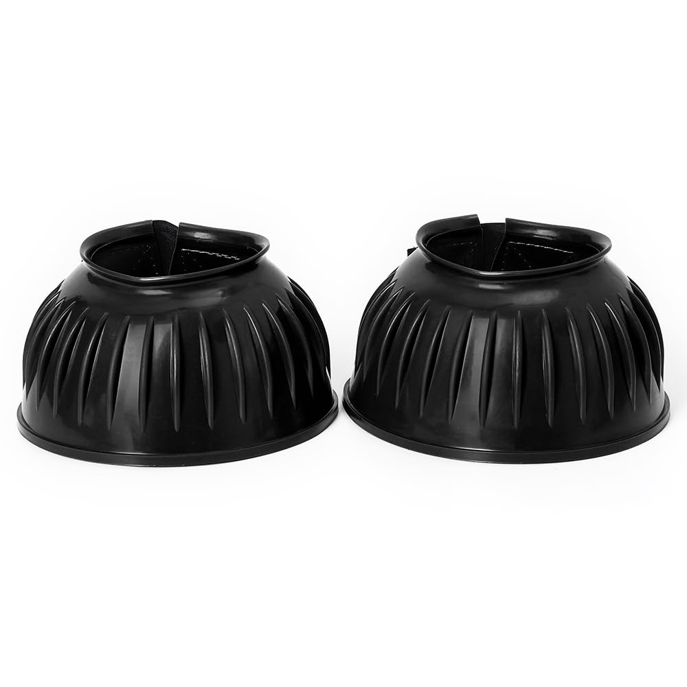 HILASON PVC Ribbed Double Hook and Loop Bell Boots for Horses - Black | Durable Hoof Protection for Riding, Training & Turnout