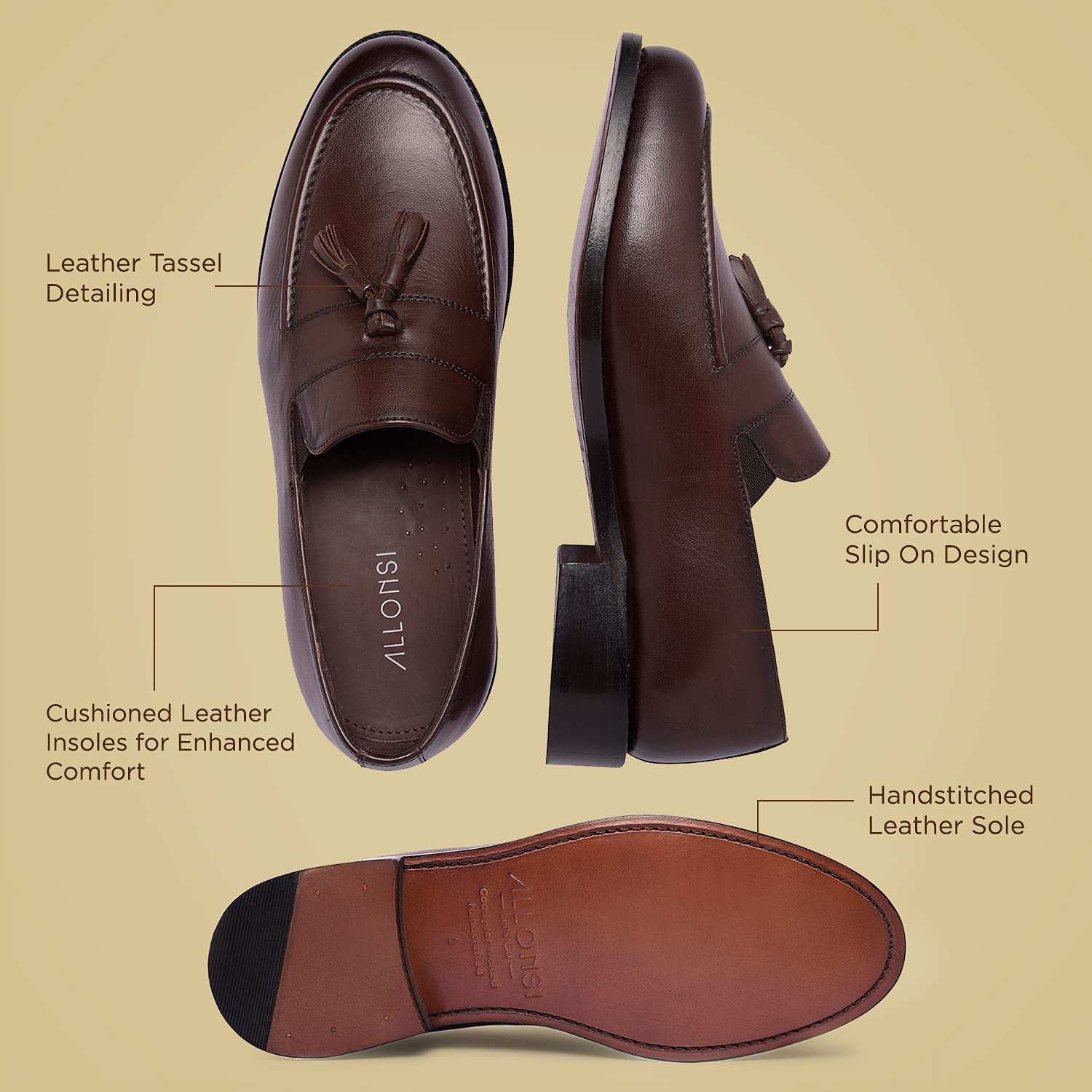 Premium Genuine Leather Men's Loafers with Tassel - Handcrafted Goodyear Welted Dress Shoes | Slip-On Comfort with Leather Sole | Perfect for Business, Office & Formal Occasions
