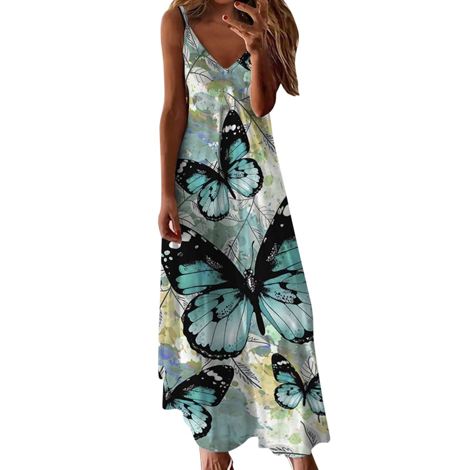 WANYNG Women's Plus Size Bohemian Vintage Print Maxi Dress - Sleeveless V-Neck Casual Loose Flowy Dress for Summer Beach, Vacation & Everyday Wear