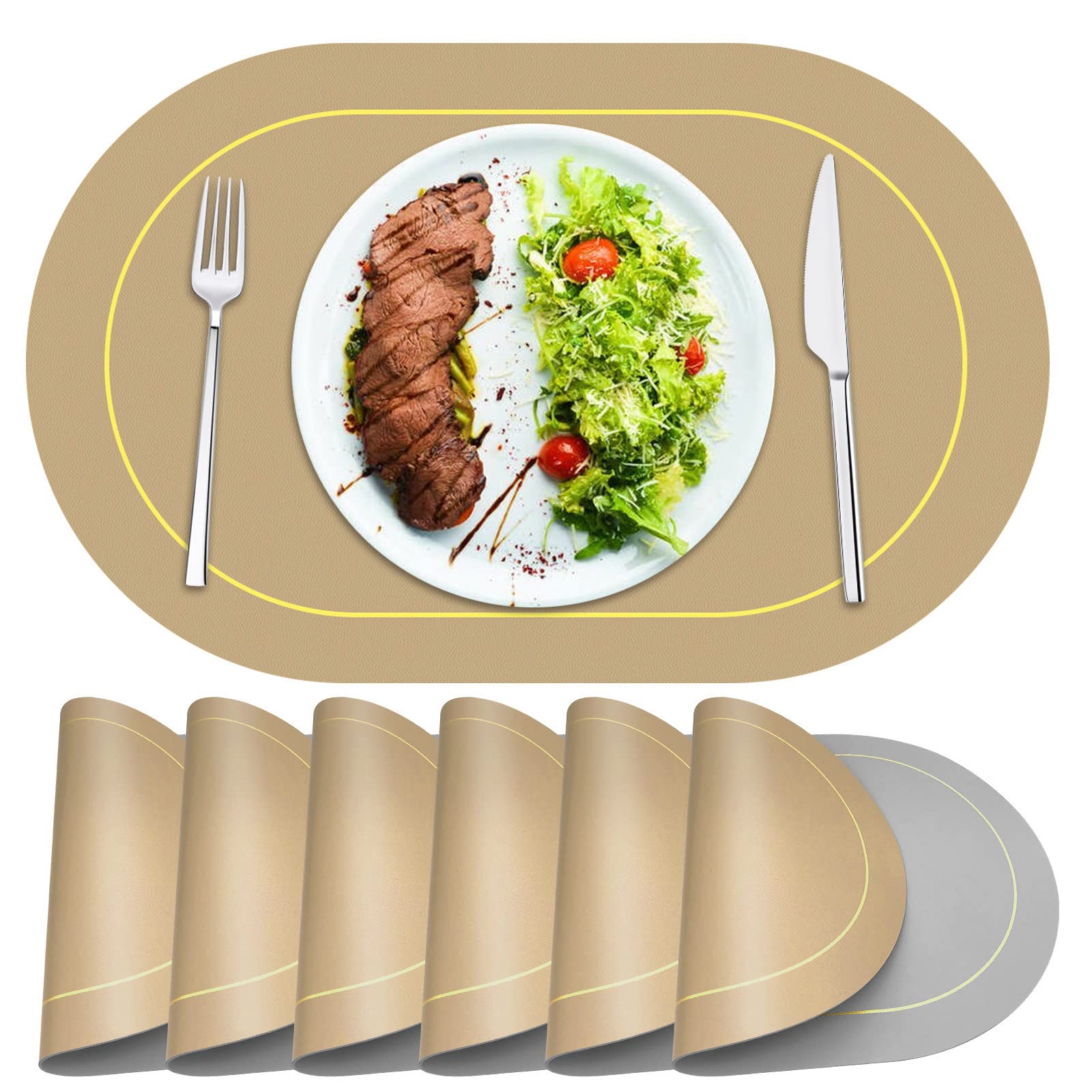 Premium Oval Placemats Set of 6 - Double-Sided Faux Leather Table Mats for Dining, Heat Resistant & Wipeable - Perfect for Kitchen, Wedding, Restaurant & Home Decor (Tan & Grey)