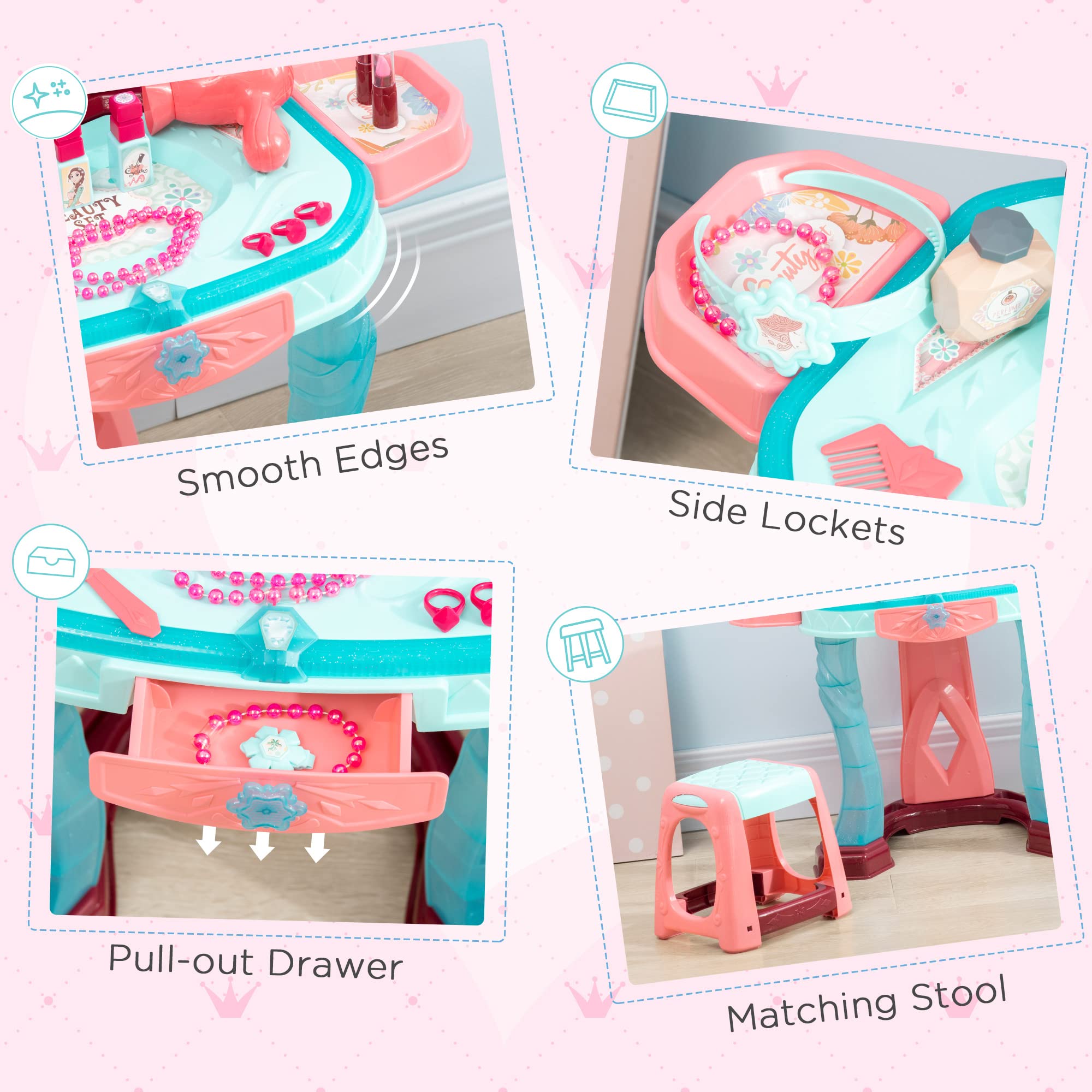 Qaba Kids Vanity Set with Self-Opening Magic Mirror, Princess Makeup Table with Music & Lights - Creative Play Toy for Girls Ages 3-6 | Perfect for Birthday Gifts, Pretend Play & Room Decor