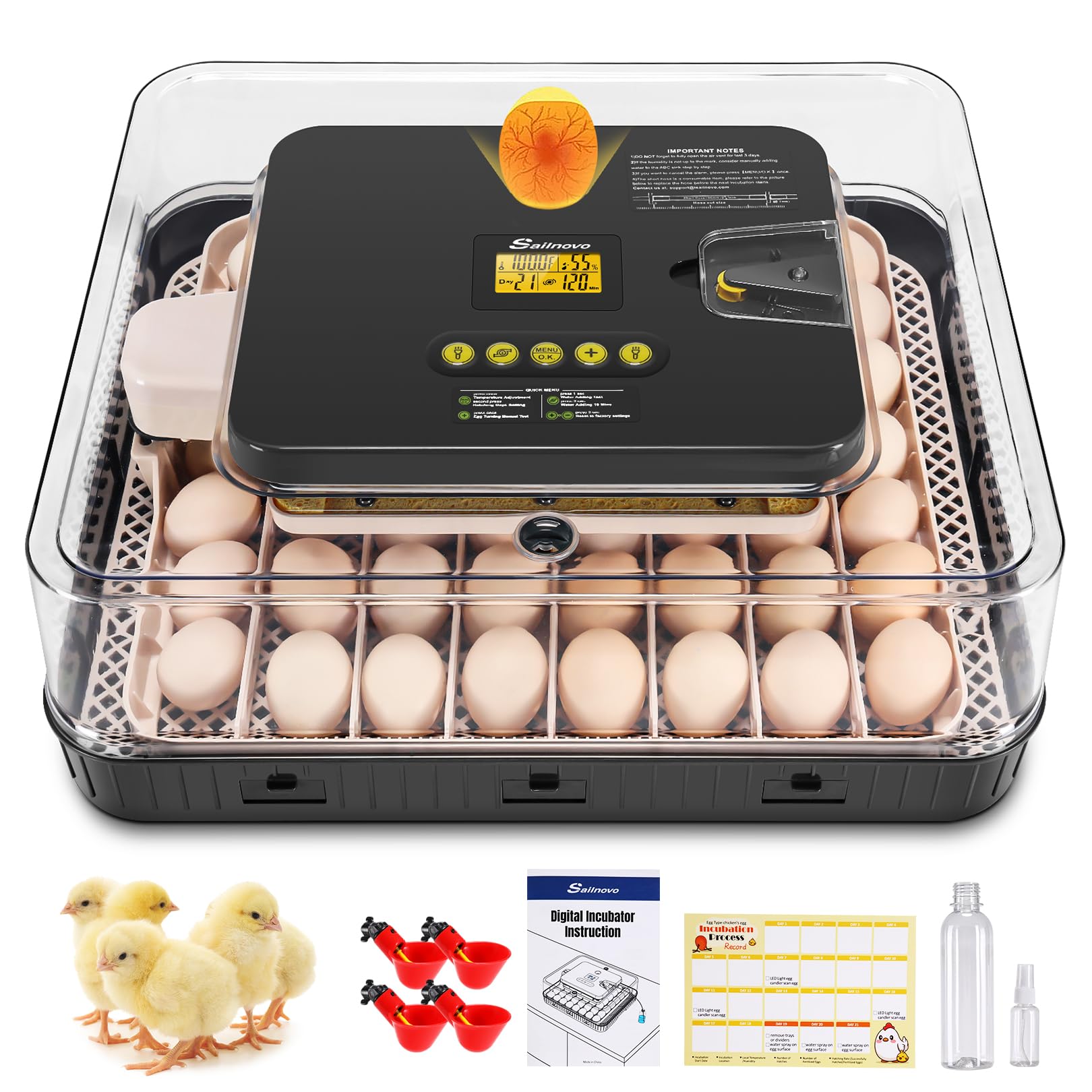 Sailnovo 56 Egg Incubator - Automatic Egg Turner, Temperature & Humidity Control, Built-in Candler for Chicken, Duck & Quail Eggs (18.7