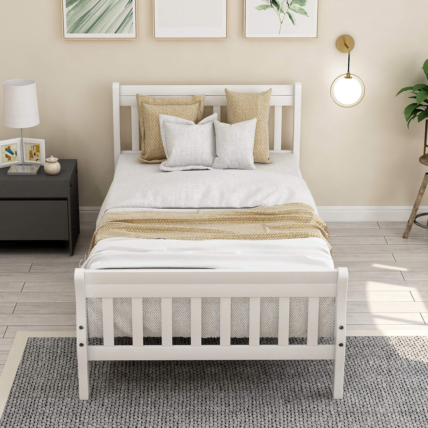 SOFTSEA Twin Size Wooden Platform Bed Frame with Headboard & Footboard - Sturdy Wood Slat Support - White - Perfect for Kids' Rooms, Guest Bedrooms & Small Spaces