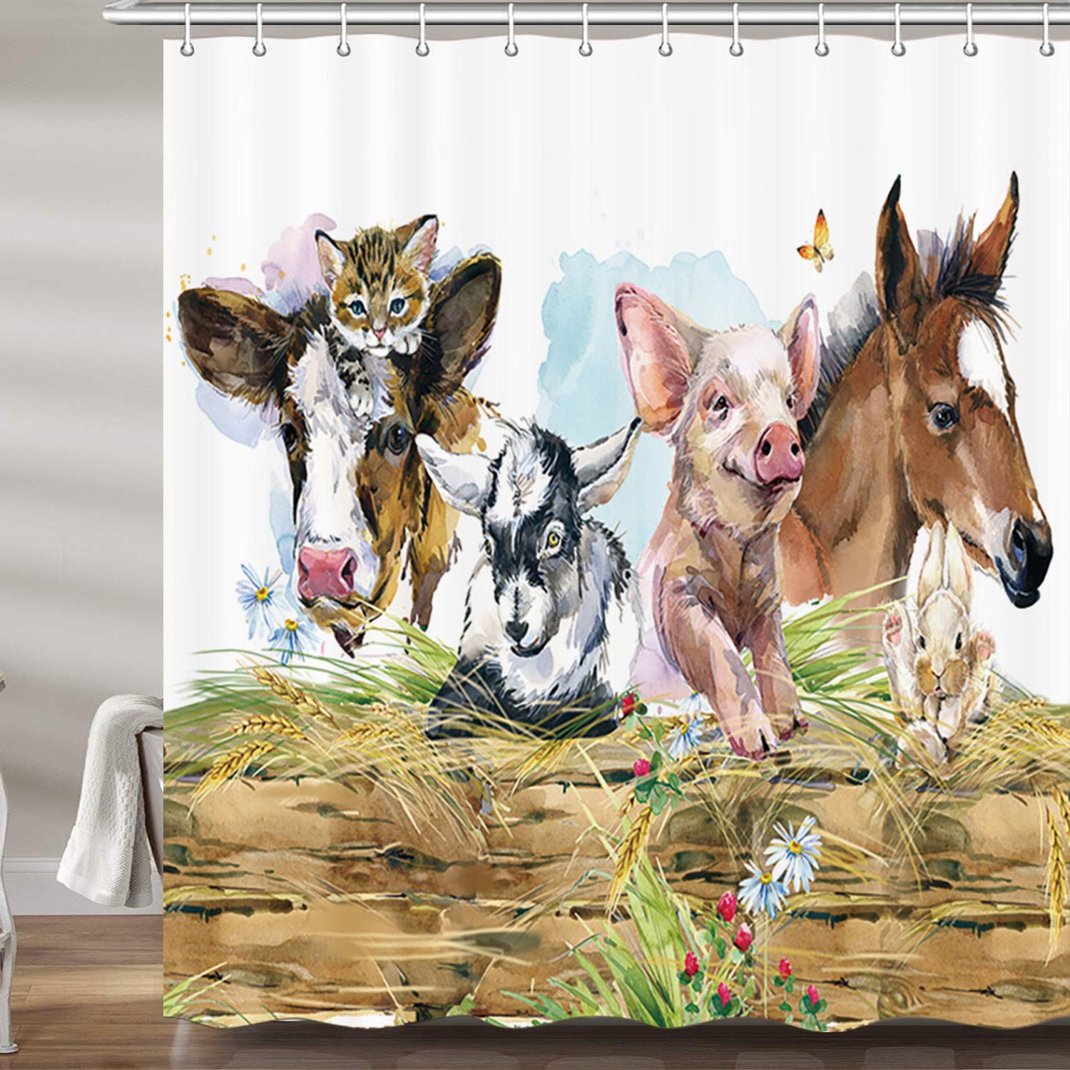 Farmhouse Animals Shower Curtain - Rustic Cow Horse Pig Design Bathroom Decor with 12 Hooks (69x72 inches) | Waterproof Fabric for Farm Theme Bath & Kids Room | Perfect for Country Style Home, Nursery, and Guest Bath Decor