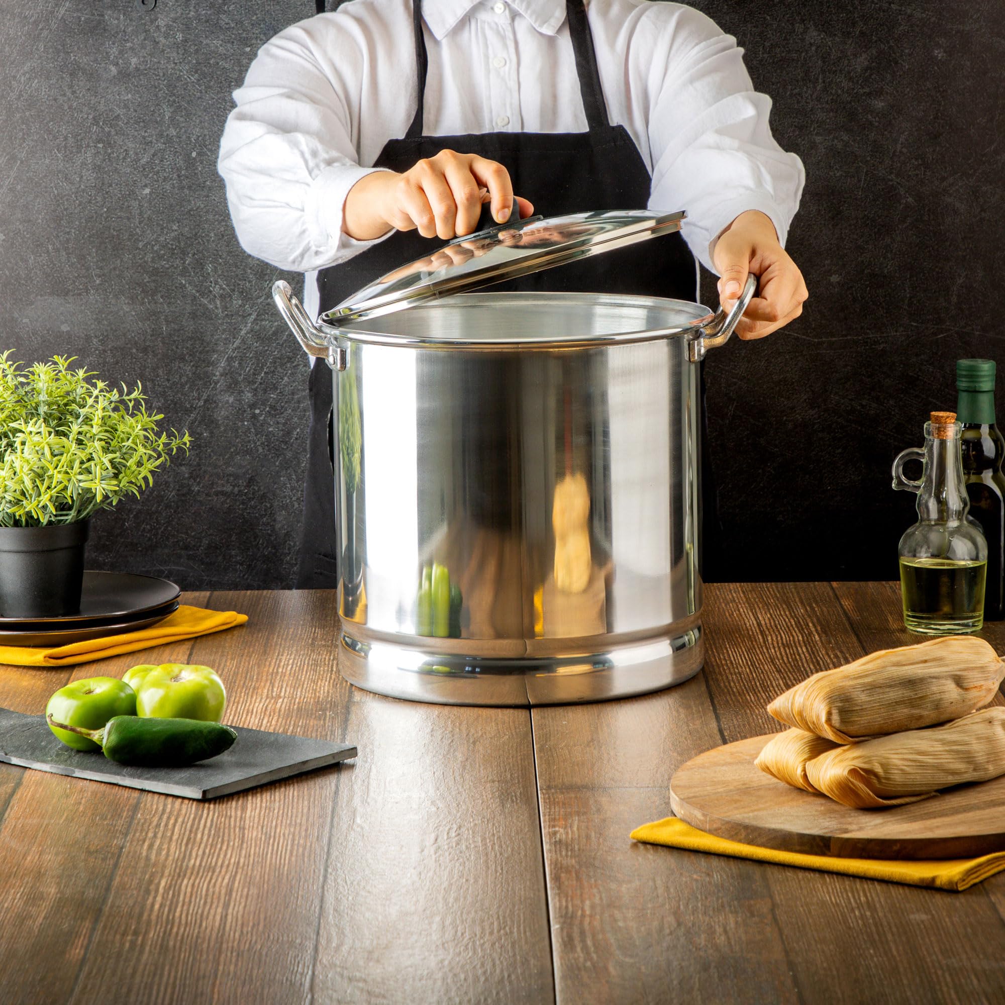 Vasconia 27.5-Quart Aluminum Steamer Pot with Tray & Glass Lid - Large Multi-Purpose Stock Pot for Tamales, Seafood, Vegetables, Soups - Stovetop Cooking Pot for Home & Restaurant Use - Hand Wash Only Kitchen Essential for Steam Cooking, Boiling & Meal Prep