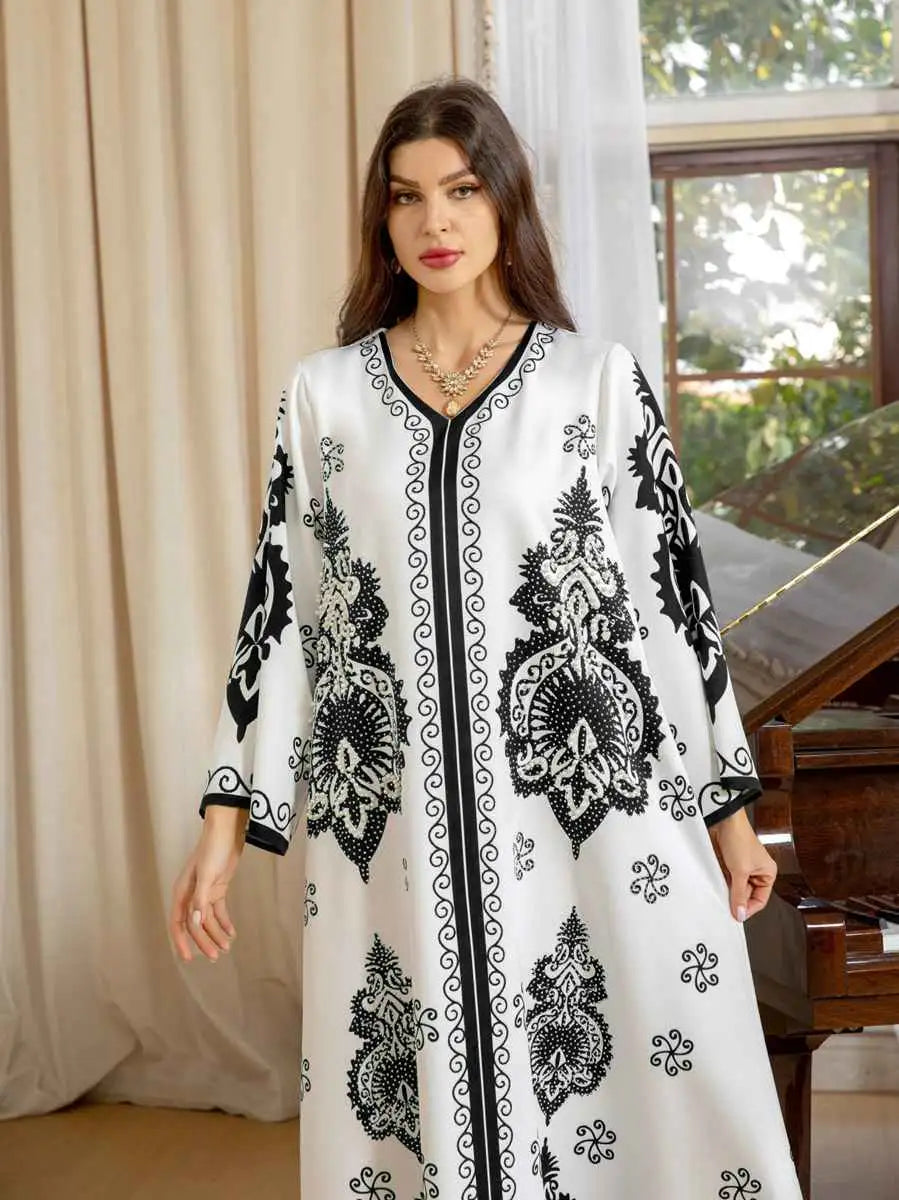Elegant Muslim Women's Caftan Dress with Beads & Rhinestones for Eid Celebration - Perfect for Holiday Parties, Wedding Guest Outfits & Special Occasions