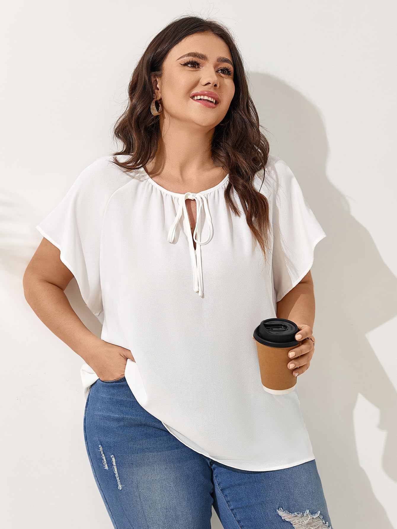 Plus Size V Neck Short Sleeve Blouses for Women - Loose Casual Summer Tops with Drawstring | Flowy Shirts for Work, Beach & Everyday Wear