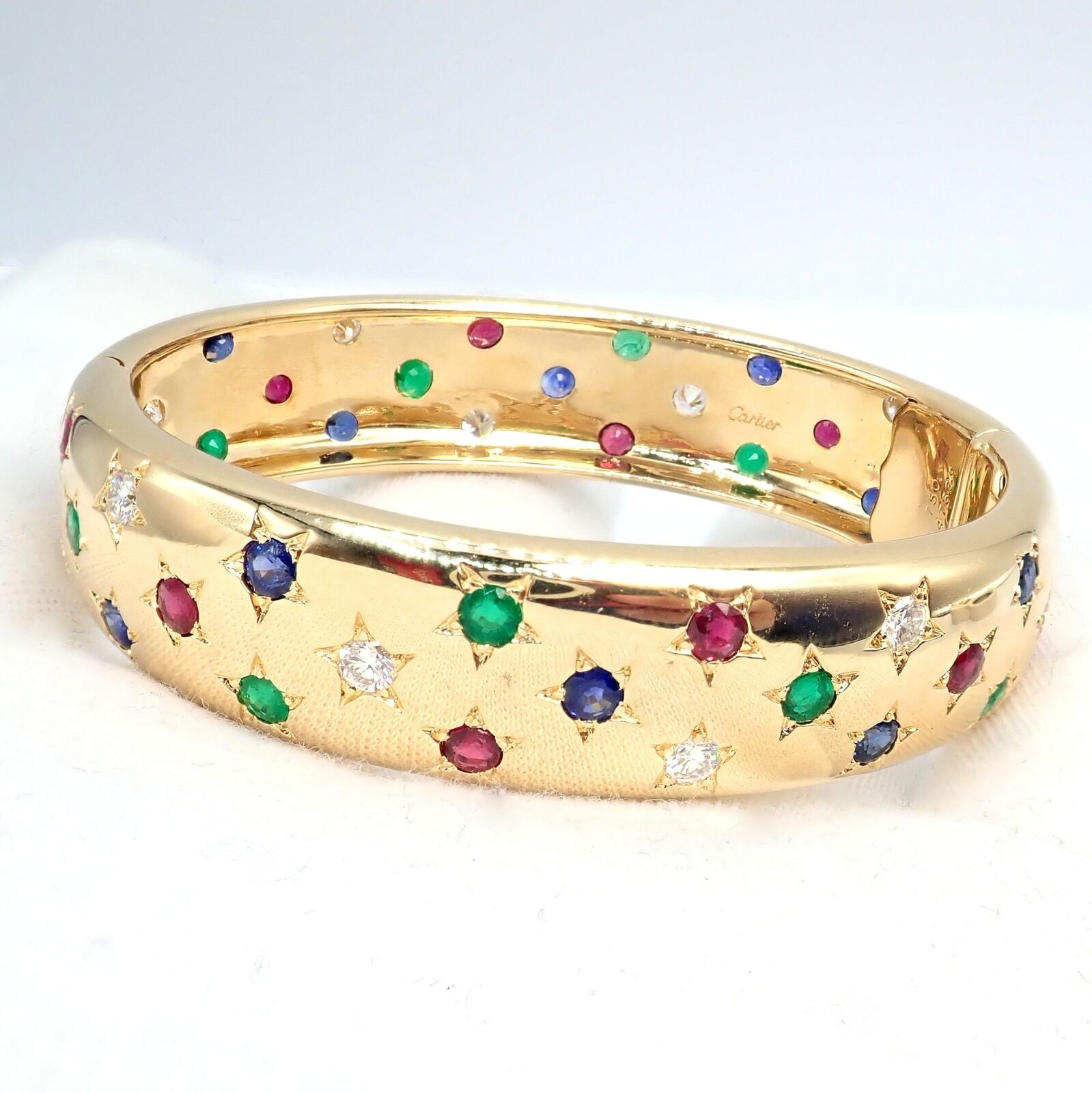 Cartier Star 18k Yellow Gold Diamond Ruby Emerald Sapphire Bangle Bracelet with Certificate - Luxury Jewelry Gift for Women, Anniversary & Special Occasions