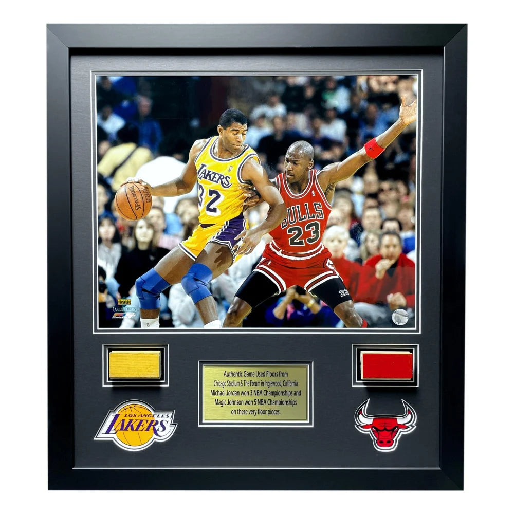 Authentic Michael Jordan & Magic Johnson Game-Used Chicago Bulls & LA Lakers Floor Framed Team Coasters - Perfect for NBA Memorabilia Collectors & Sports-Themed Home Decor