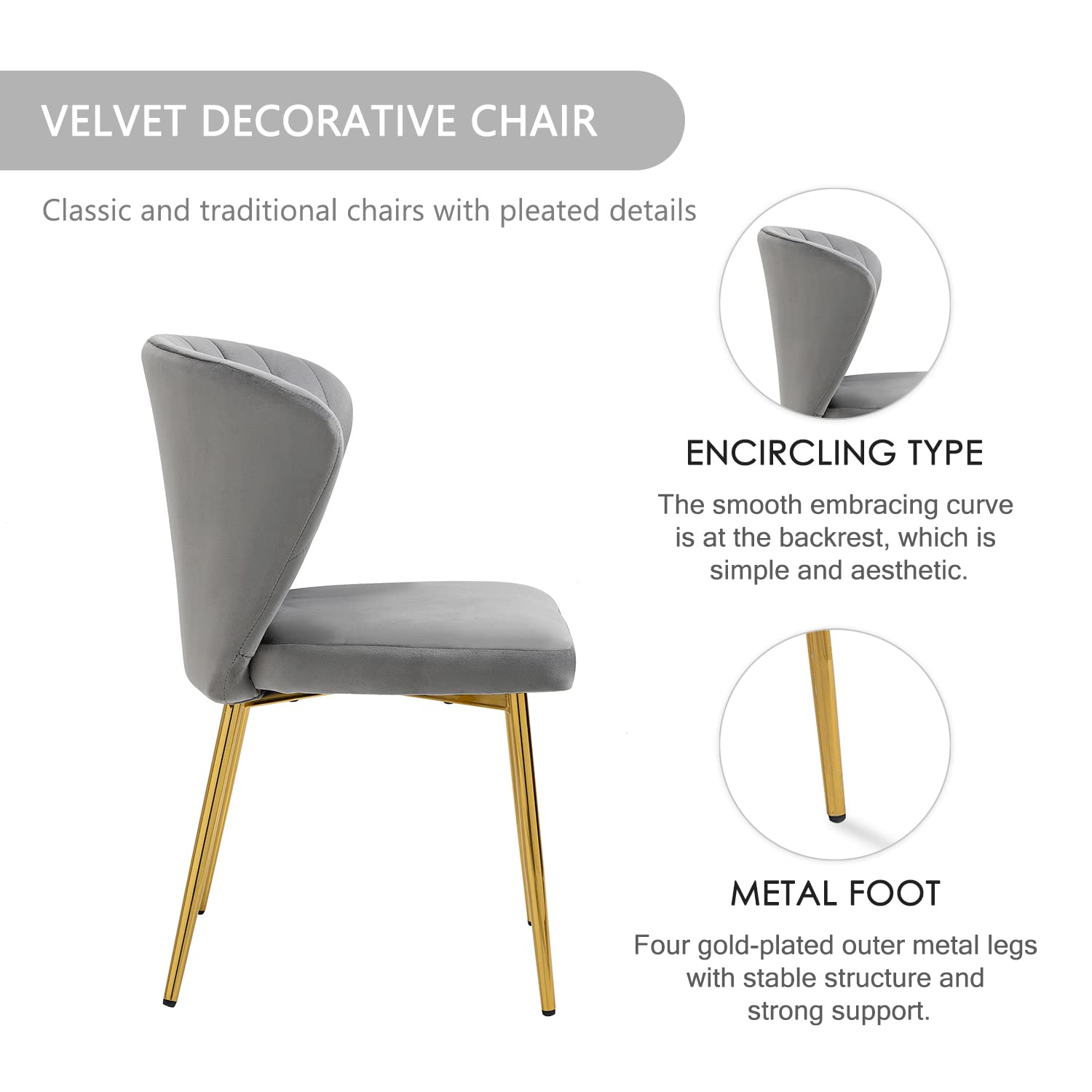Luxury Nrizc Velvet Upholstered Dining Chairs Set of 4 - Mid Century Modern Design with Golden Metal Legs for Dining Room, Kitchen & Living Room - Soft Grey Fabric - Perfect for Family Dinners, Entertaining Guests & Home Decor