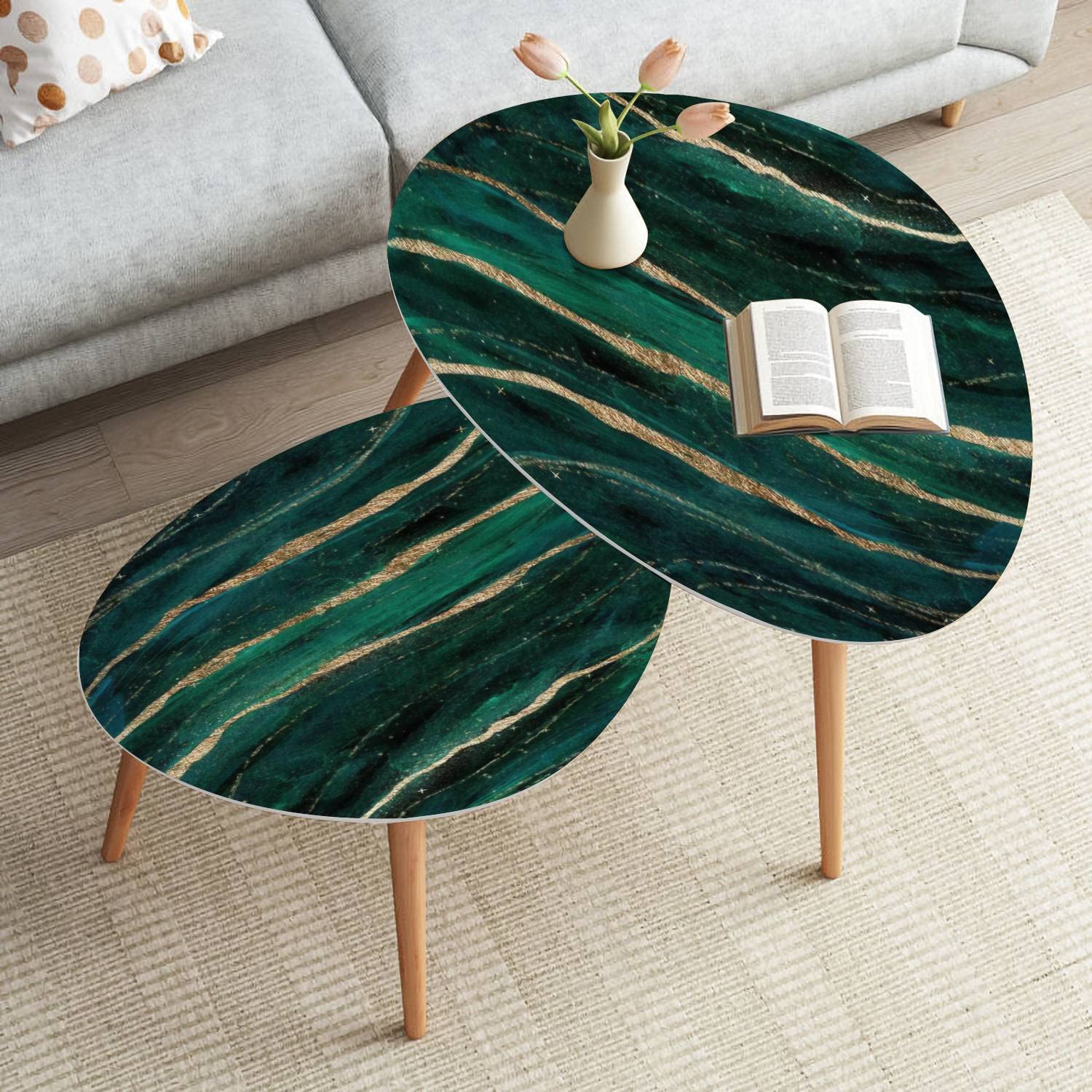 Modern Acrylic Nesting Coffee Tables Set of 2 - Abstract Green & Gold Triangle Painting Design, Minimalist Round & Oval Side Tables for Living Room, Perfect for Small Spaces, Coffee Corner or Lounge Area Decor