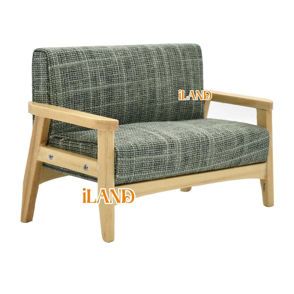 1/12 Scale Dollhouse Couch & Miniature Sofa Set with Houndstooth Cushions - Grey Green Doll Furniture for Living Room Decor | Perfect for DIY Dollhouse Projects & Collectible Displays