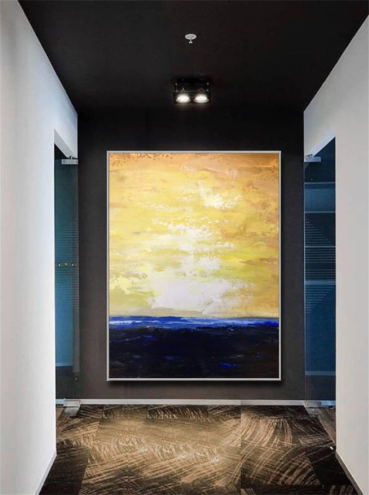 Large Blue Ocean Abstract Painting - Handmade Canvas Wall Art with Yellow Sky & Waves - Perfect for Living Room, Bedroom & Office Decor