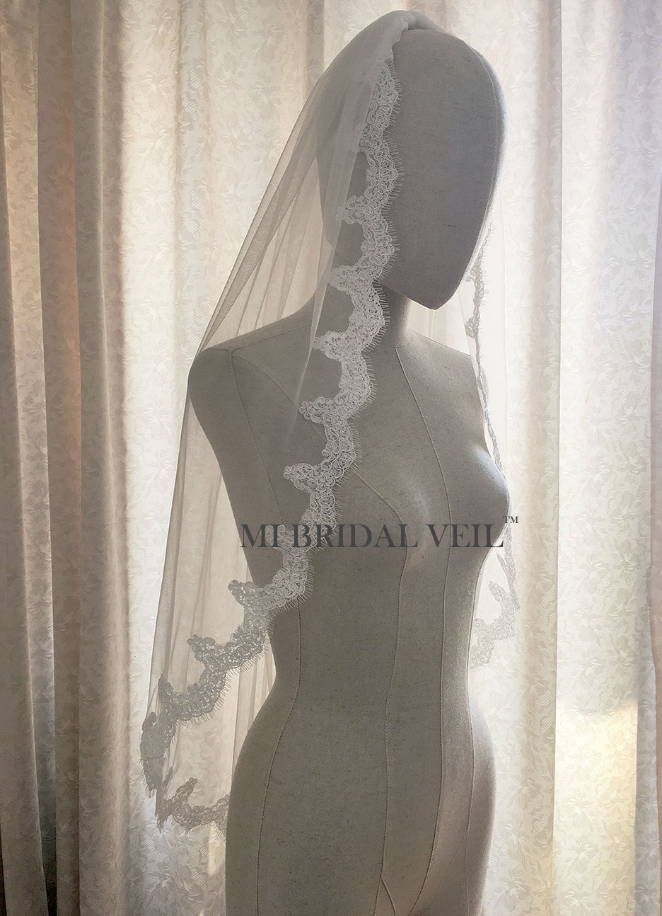 Elegant Lace Wedding Veil with Small Eyelash Trim - Fingertip Length Single Tier Bridal Veil for Romantic Ceremonies & Photo Shoots | Mi Bridal Collection