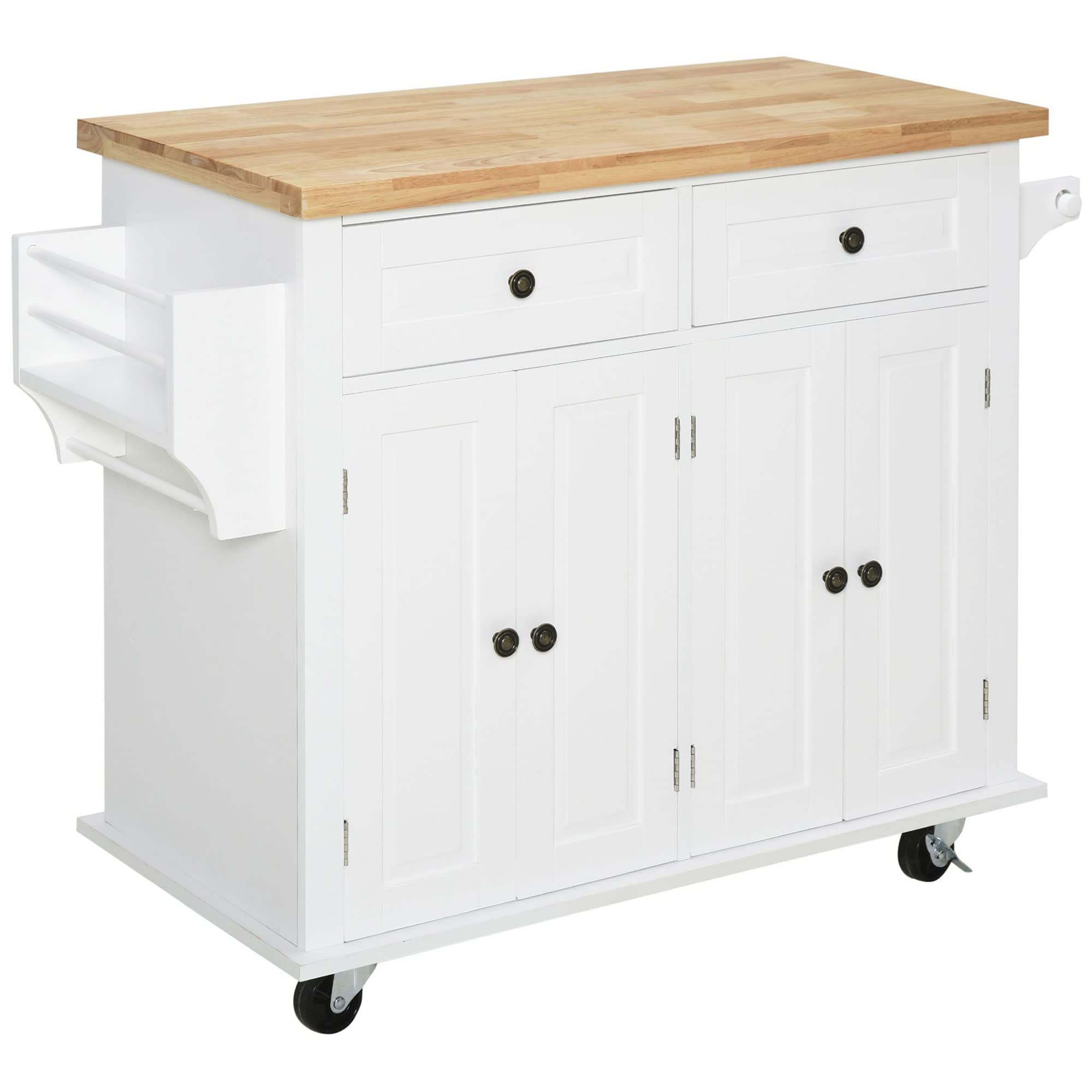 HOMCOM White Kitchen Island on Wheels with Rubberwood Top - Mobile Rolling Cart with Spice Rack, Towel Rack & Storage Drawers - Perfect for Small Kitchen, Dining Room or Pantry Organization