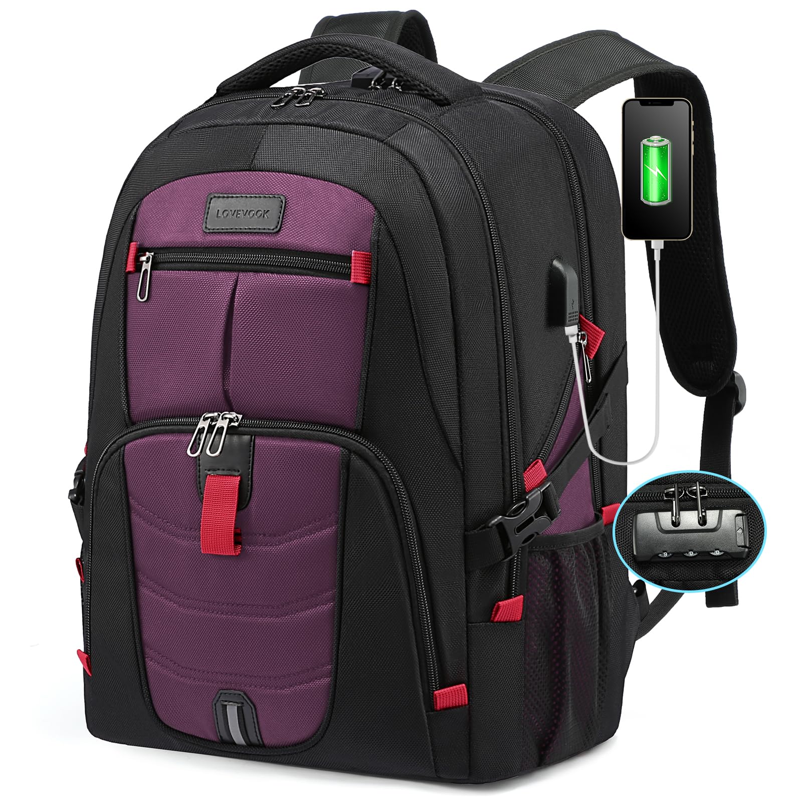 LOVEVOOK 17 Inch Waterproof Anti-Theft Laptop Backpack with USB Charging Port & Lock - Lightweight Business Travel Backpack for Men & Women, College Students (Black & Purple) - Perfect for Work, School, Airplane & Daily Commute