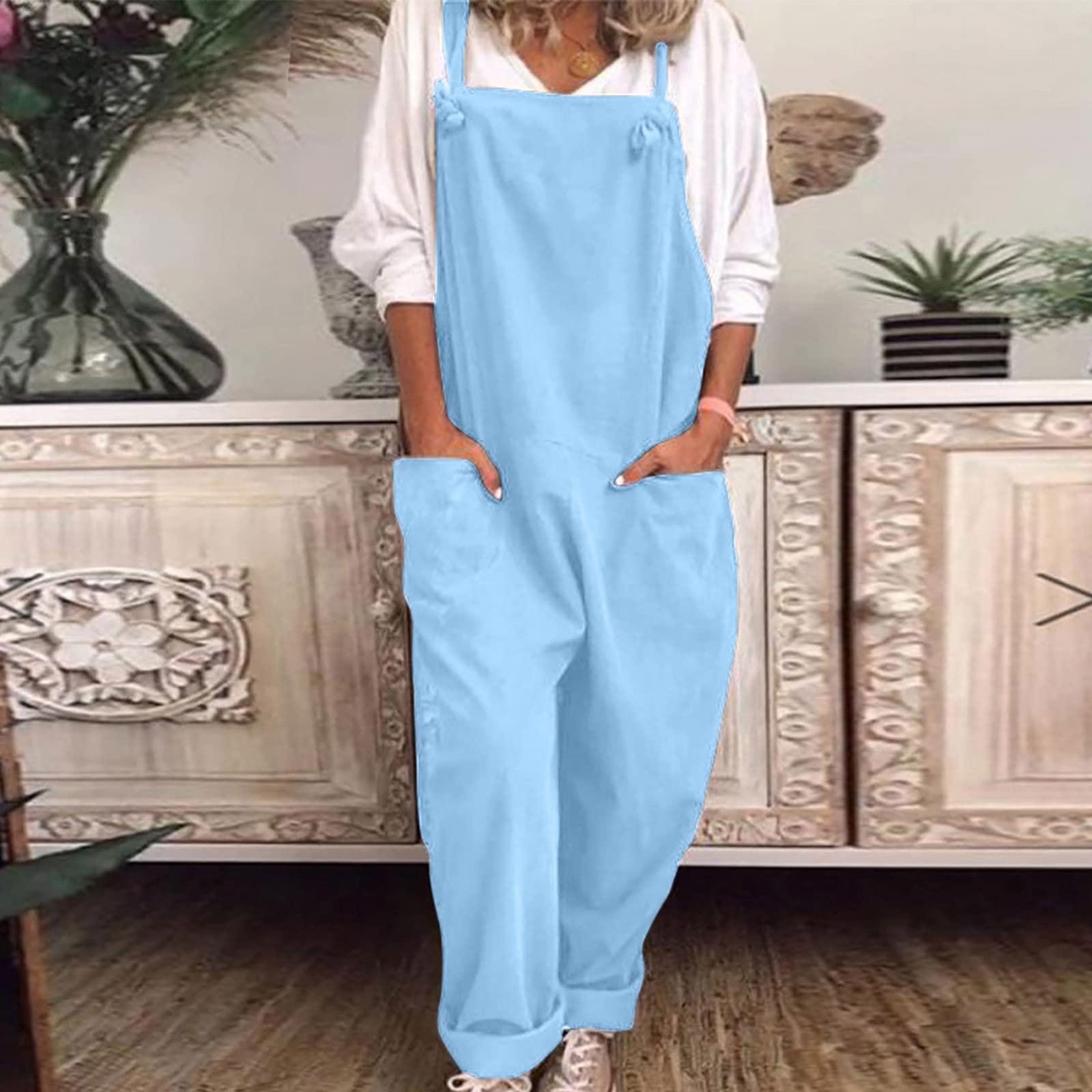 Women's Rompers 2024 - Sleeveless Baggy Jumpsuit Overalls with Pockets | Summer Casual Cotton Linen Outfit for Beach, Travel & Daily Wear