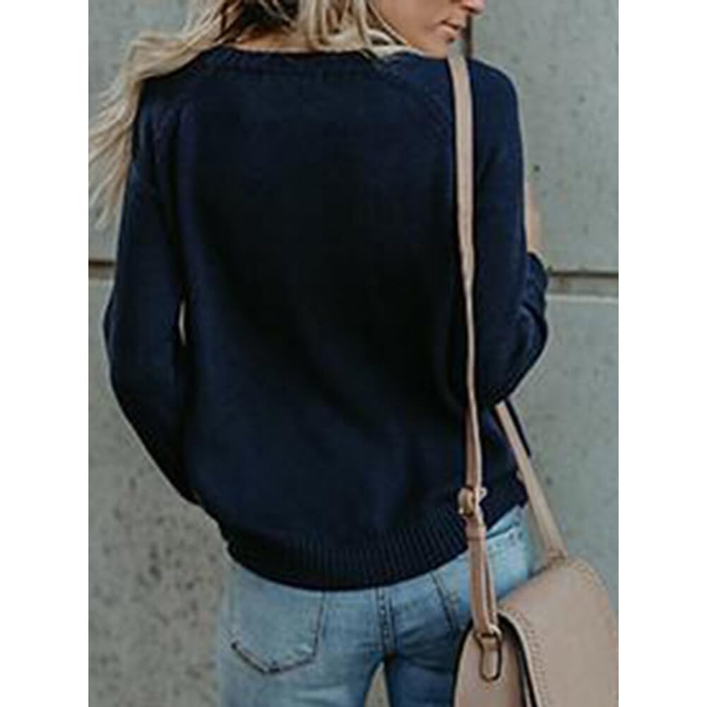 Women's Knitted Heart Design Long Sleeve Pullover Sweater - Soft Stretchy Winter Knit Top Shirt - Navy Blue, Large - Perfect for Casual Wear, Date Nights & Holiday Outfits