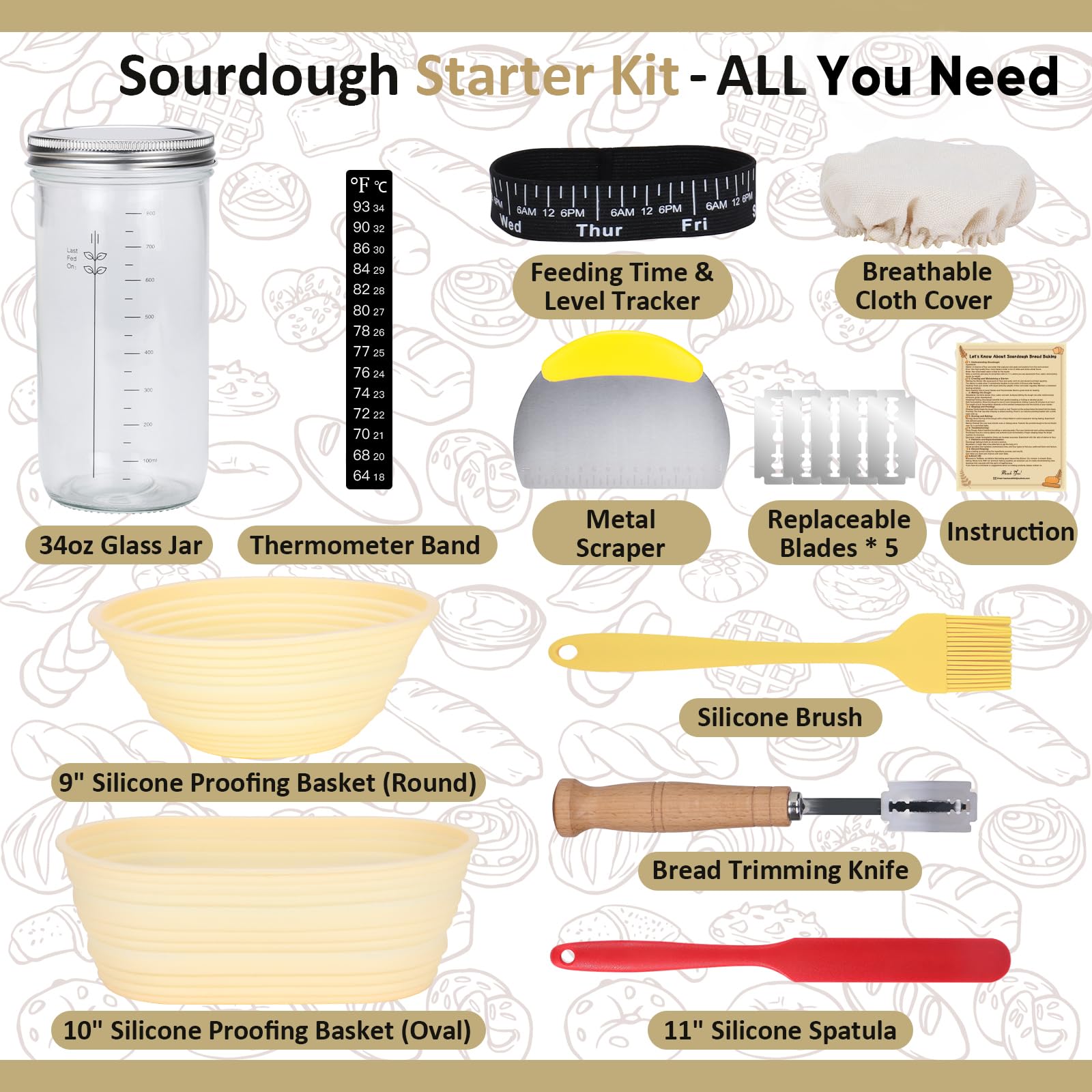TeeMars Sourdough Bread Starter Kit - 34oz Glass Jar, 2 Proofing Baskets, Thermometer & Dough Scraper - Complete Baking Supplies for Homemade Artisan Bread | Perfect for Beginners, Home Bakers & Bread Making Enthusiasts