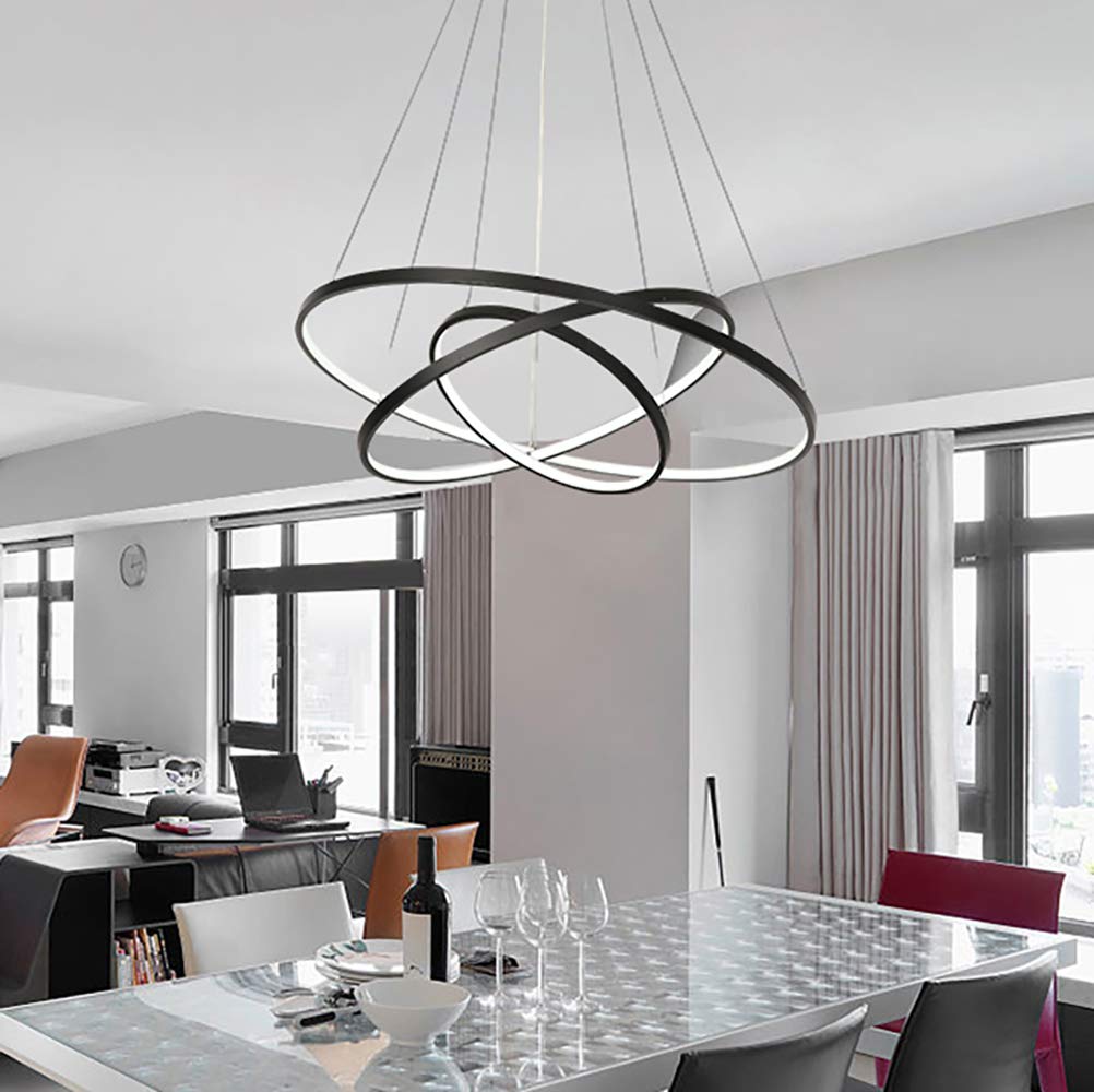 Modern LED Chandelier - Dimmable 3-Ring Ceiling Light Fixture for Dining Room, Living Room, Bedroom & Foyer | Contemporary Black & Cool White Hanging Pendant Lighting | Perfect for Home Decor, Wedding Venues & Restaurant Ambiance