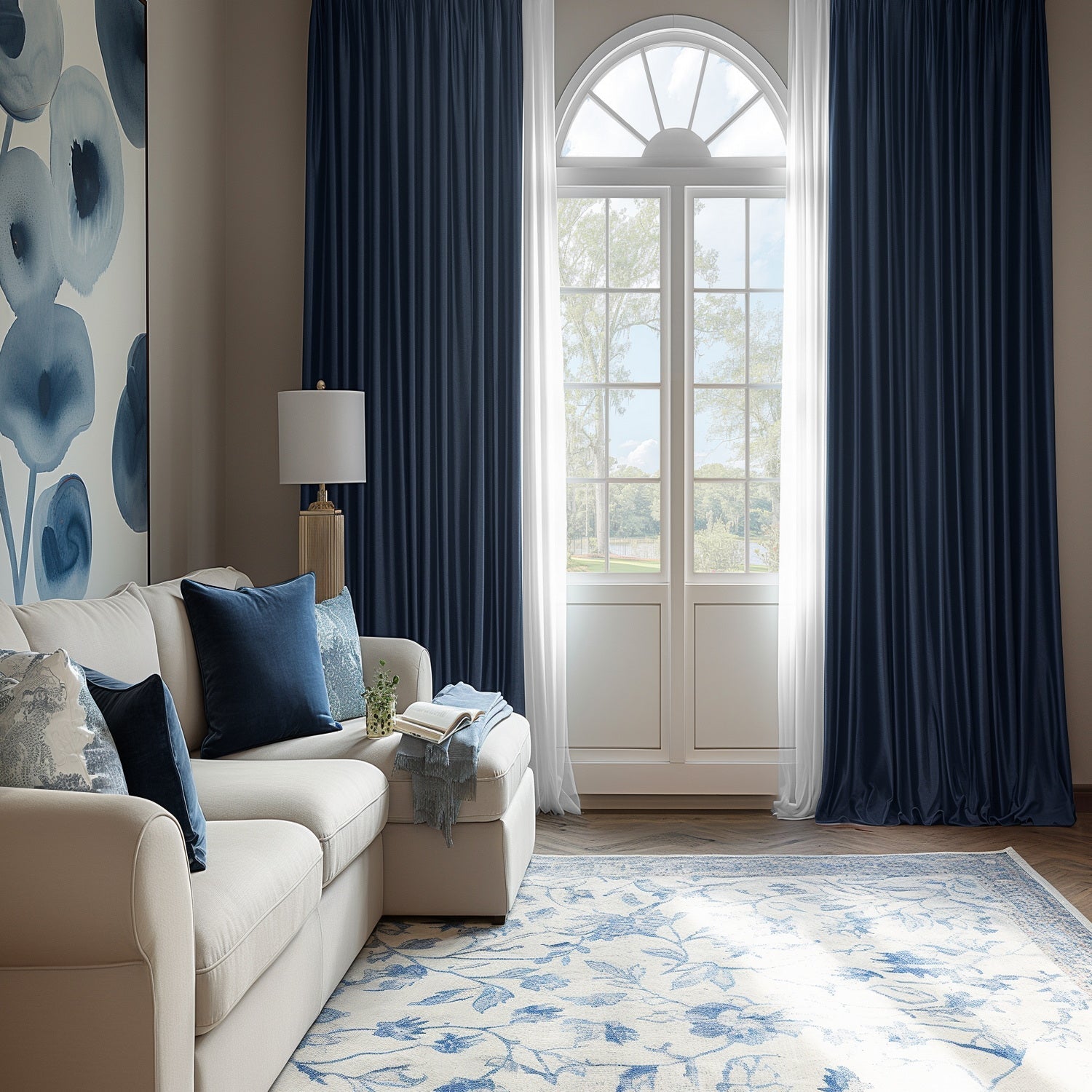 Custom Navy Blue Solid Faux Silk Taffeta Curtains - Elegant Window Drapes for Living Room, Bedroom & Home Decor