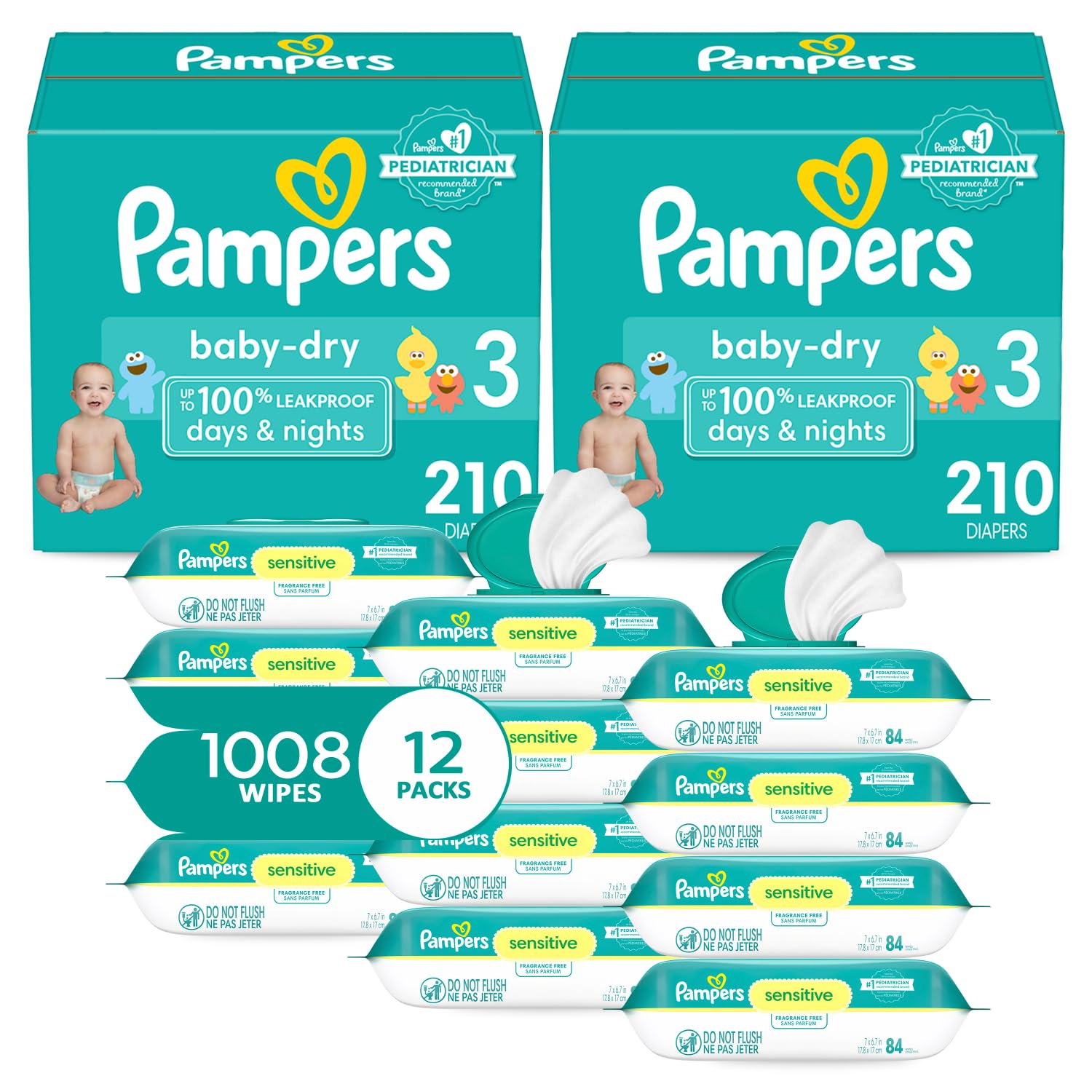 **Pampers Baby Dry Disposable Diapers Size 3 (2 x 210 Count) - 2 Month Supply with Sensitive Water-Based Baby Wipes (12X Multi-Pack, 1008 Count) - Ultra Absorbent for Overnight & Daytime Use - Ideal for Active Babies & Sensitive Skin**