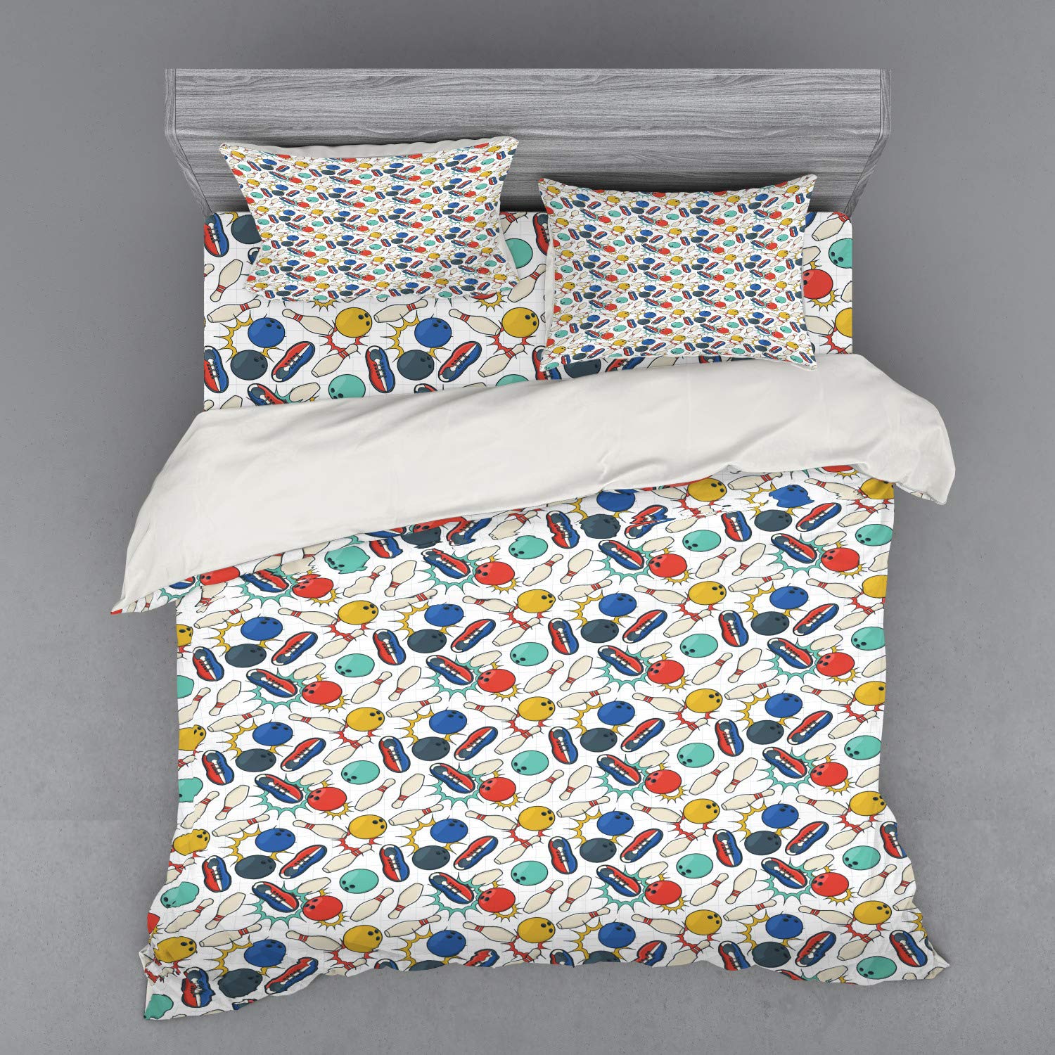 Ambesonne Retro Bowling Themed 4-Piece King Size Duvet Cover Set - Colorful Doodle Design with Notebook Sheet Backdrop, Ball Pins & Shoes - Includes Shams & Fitted Sheet - Perfect for Bowling Enthusiasts' Bedrooms & Game Room Decor