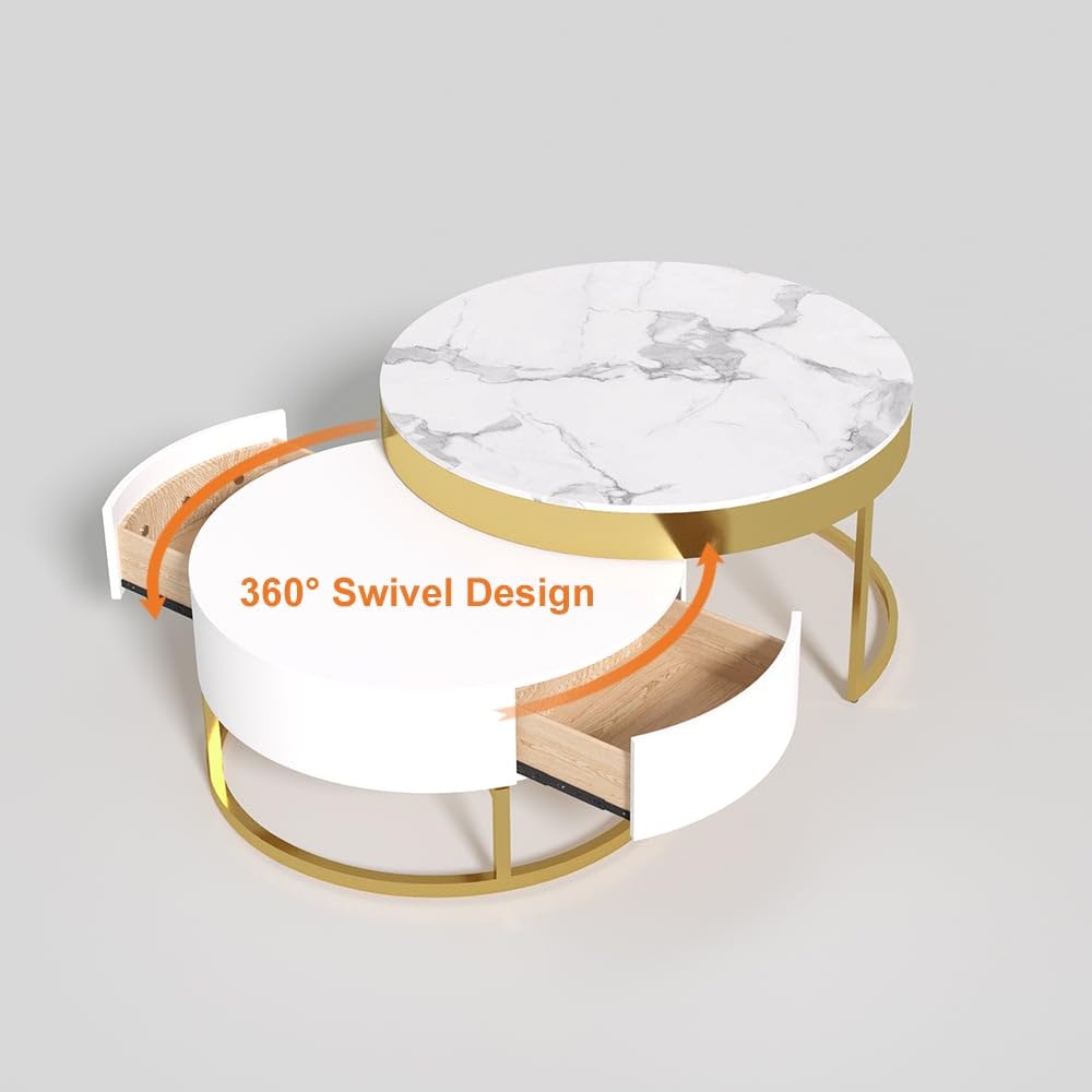 White Round Coffee Table with Storage - Faux Marble Nesting End Table with Rotatable Drawers for Living Room, Bedroom & Office - Modern Home Decor Furniture