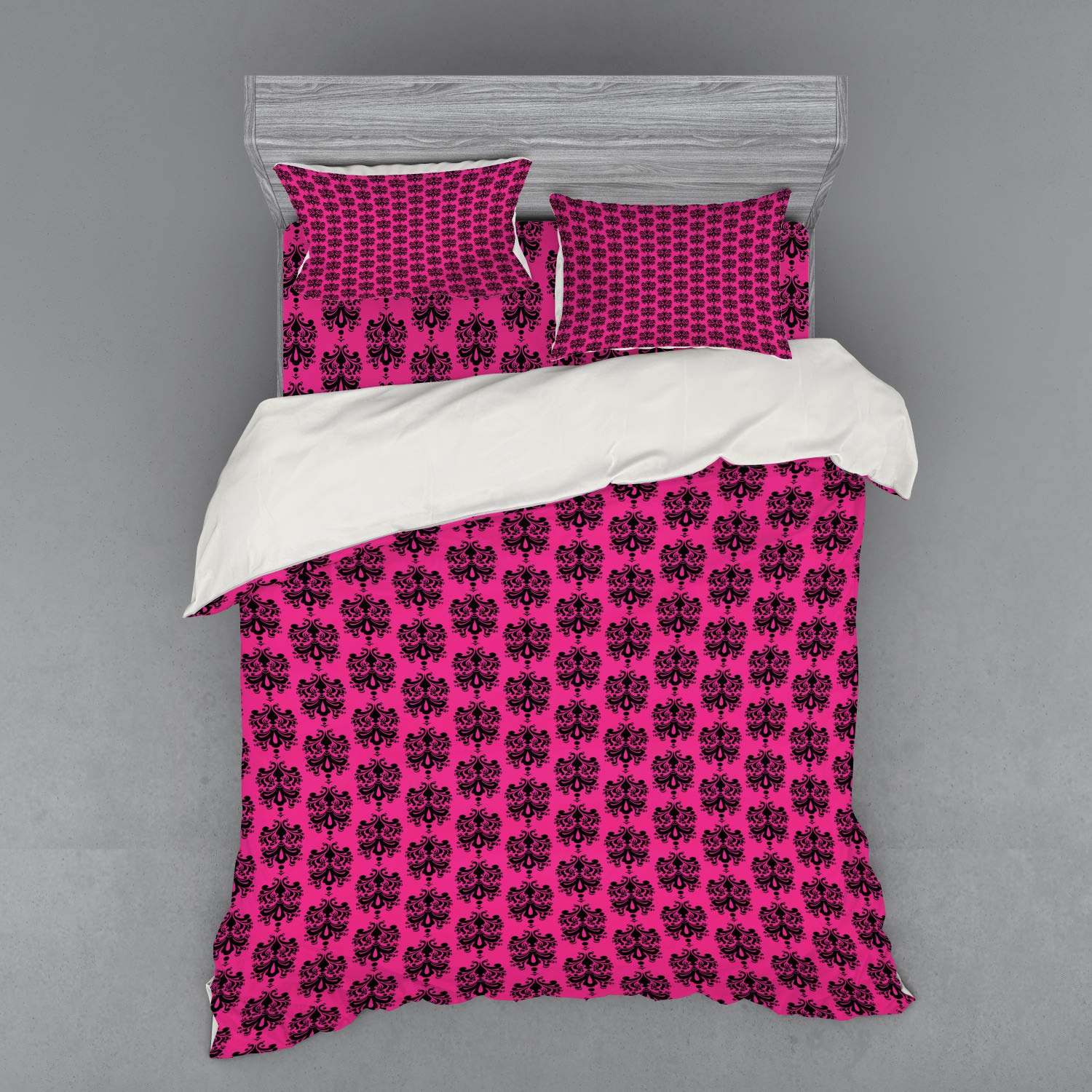 Ambesonne Queen Size 4-Piece Hot Pink Bedding Set - Oriental Black Damask Duvet Cover with Shams & Fitted Sheet, Eastern Themed Luxury Bedroom Decor for Home, Hotel, or Dorm Room