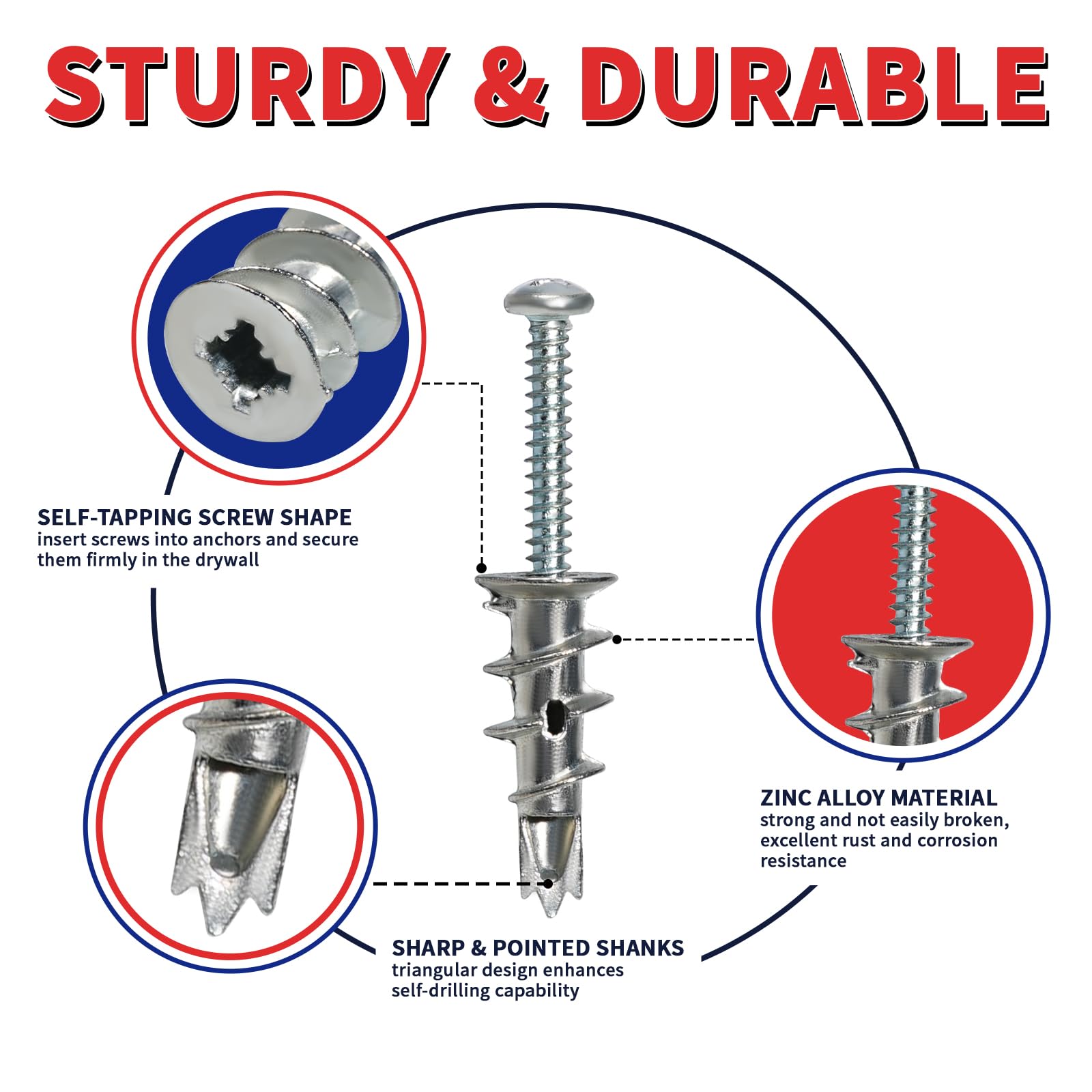 200-Piece Heavy Duty Drywall Anchors and Screws Kit - 100 Self Drilling Anchors + 100 Zinc Sheetrock Anchors with #8 x 1-1/4