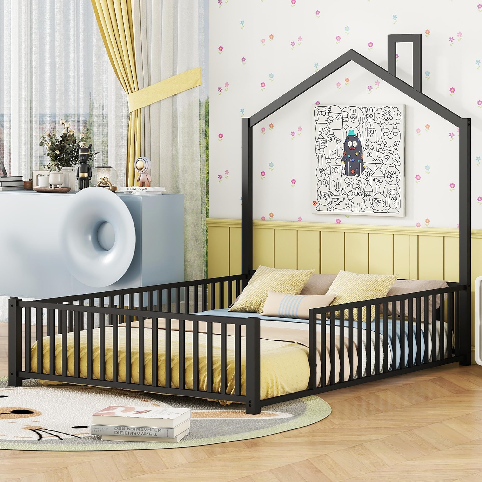 Full Size Floor Bed with Full Length Guardrail - Metal Montessori Bed Frame with Headboard & Footboard - Easy Assembly Black - Perfect for Kids Room, Toddler Safety & Montessori Bedroom Decor