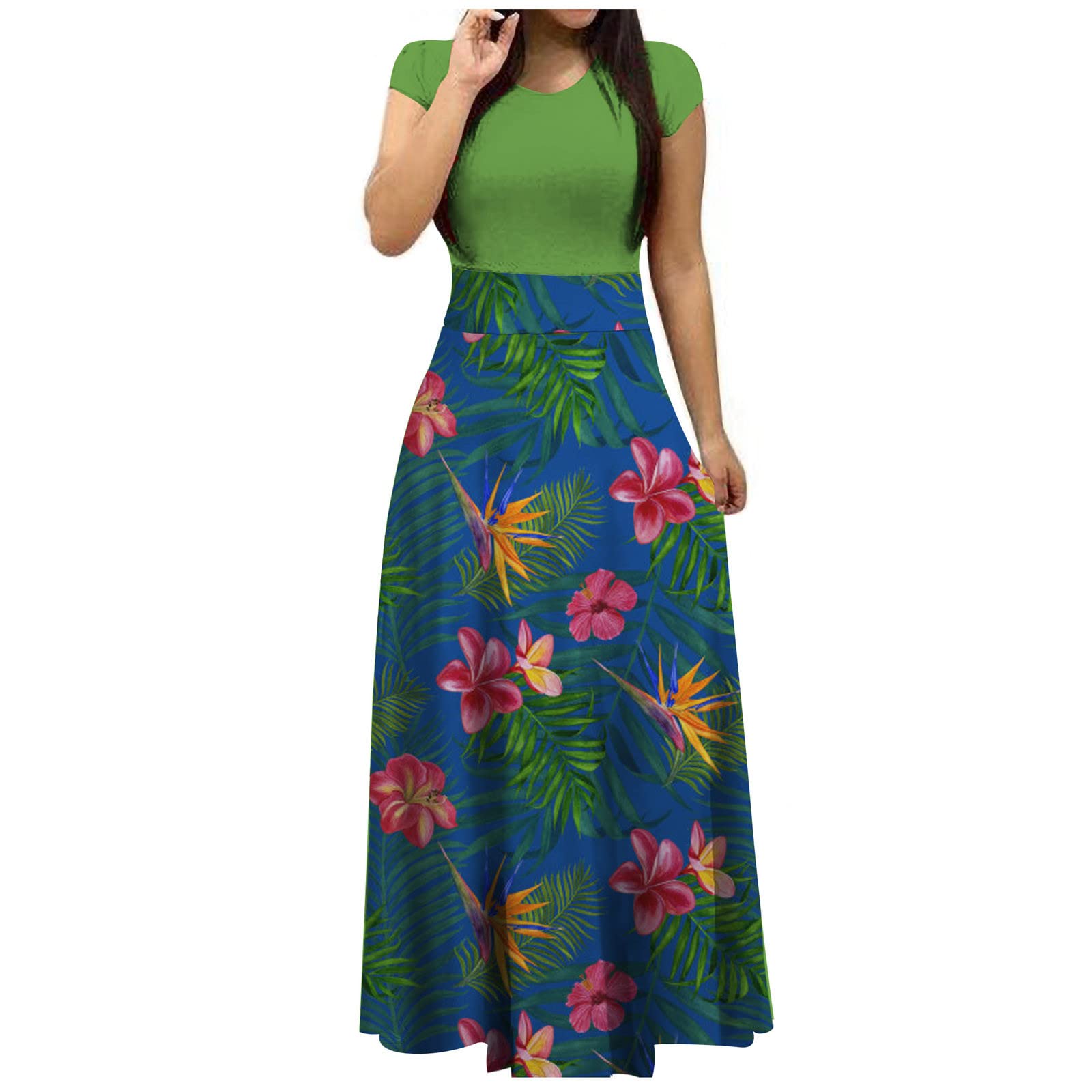 Floral Print Women's Maxi Dress - Short Sleeve Casual Loose Long Summer Dress for Spring & Summer | Beach Vacation, Date Night, Outdoor Party, Garden Wedding & Brunch Outfit | Perfect for Tropical Getaways, Picnics, and Summer Festivals | Ideal for Beach Cover-ups, Resort Wear, and Summer Travel Essentials