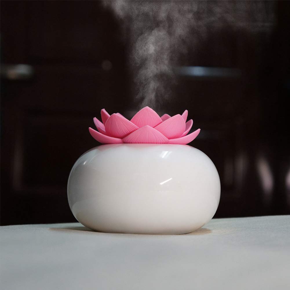 Accrie 200ML Ceramic Ultrasonic Essential Oil Diffuser & Humidifier - Lotus Shape Aromatherapy Air Purifier with White Base, Pink - Perfect for Bedroom, Yoga Studio & Office Relaxation