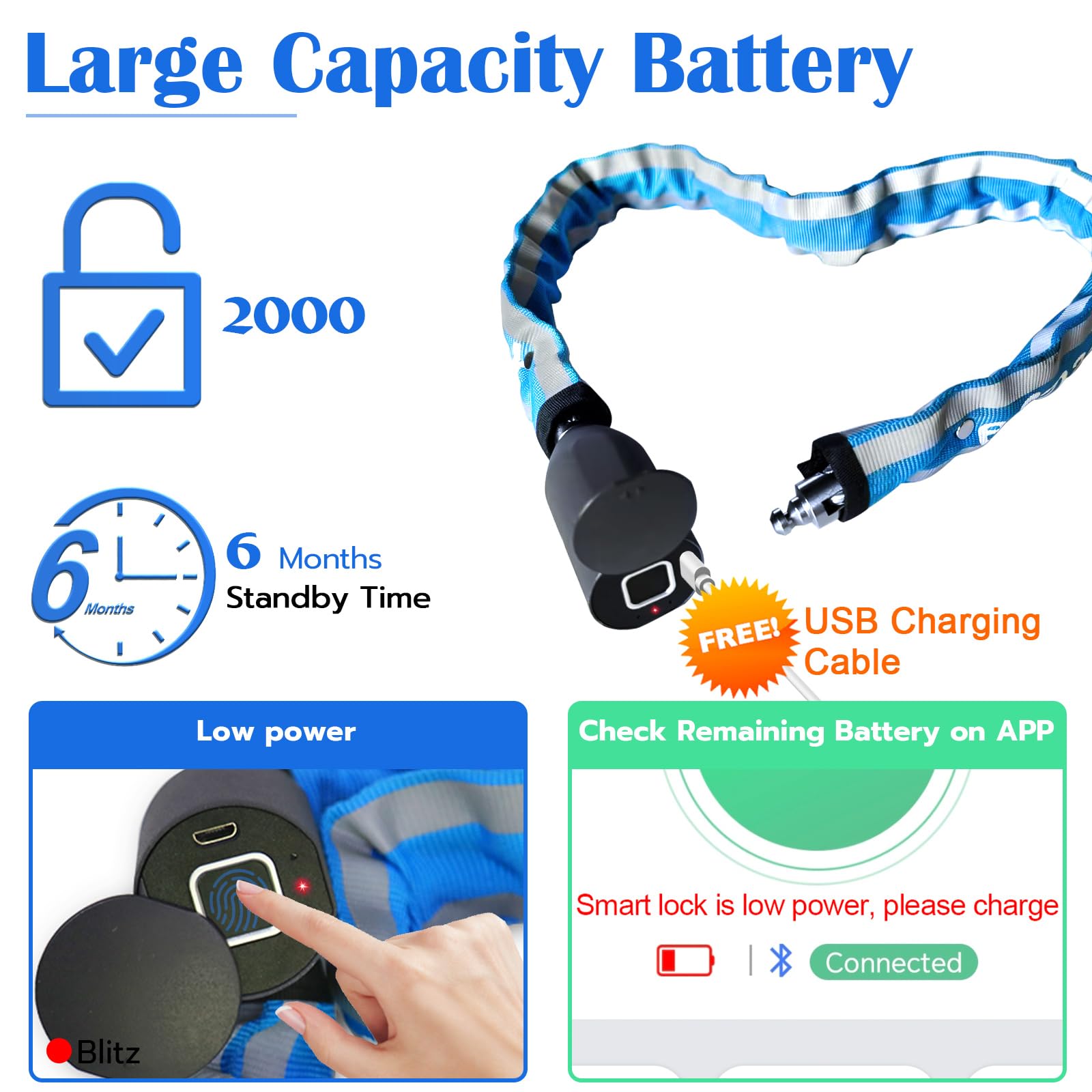 Eseesmart Fingerprint Bike Chain Lock - Heavy Duty Anti-Theft 3.28ft Smart Bicycle Lock with APP Control, Waterproof Security Cable for Bikes, Scooters, Motorcycles, Doors, Gates & Fences | Perfect for Urban Commuting, Outdoor Adventures & Home Security