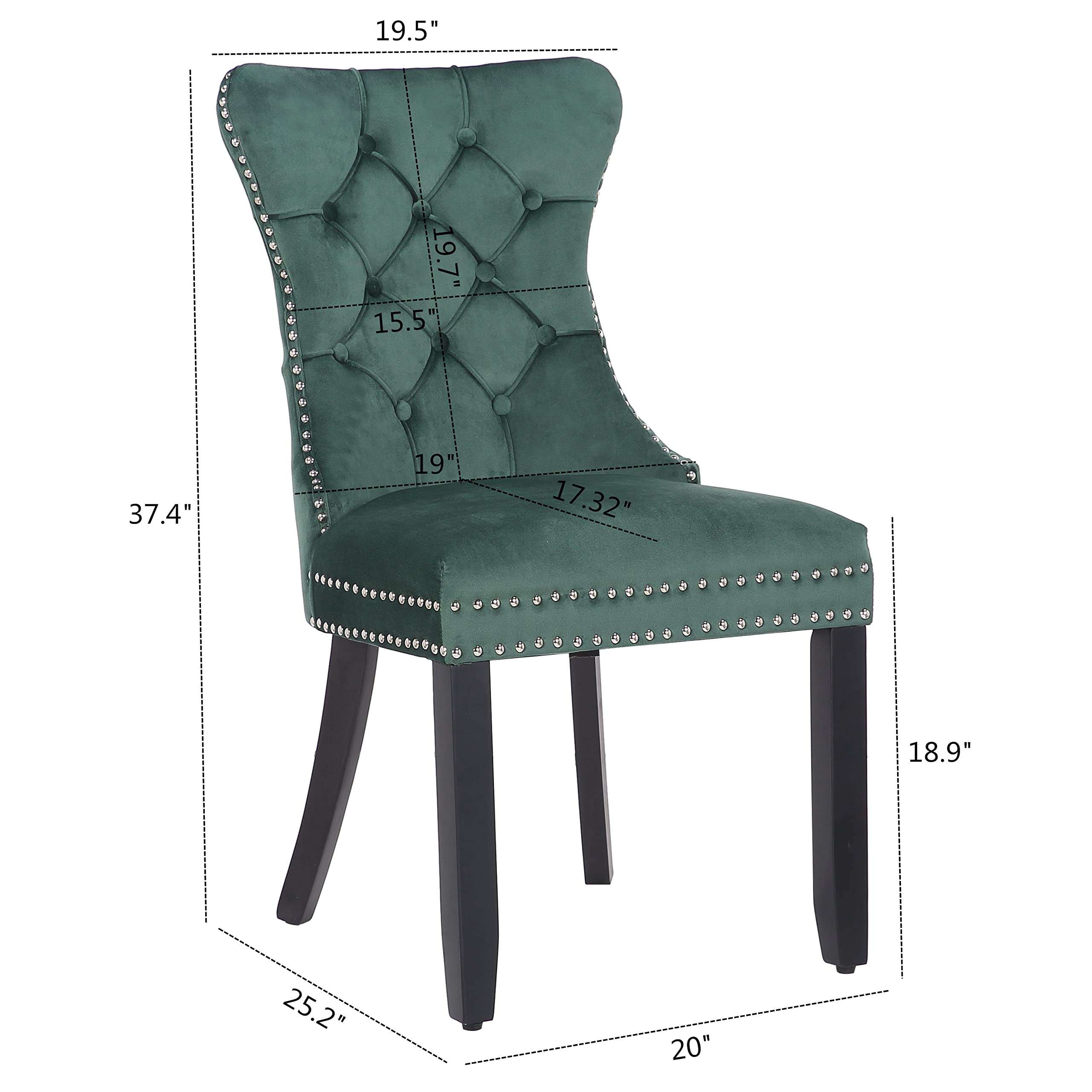 BTEXPERT Green Velvet Tufted Dining Chairs Set of 2 - High Back Upholstered Chairs with Solid Wood Frame & Nailhead Trim - Elegant Living Room, Bedroom or Coffee Shop Seating - Perfect for Dining, Lounging & Home Decor (5190-2)