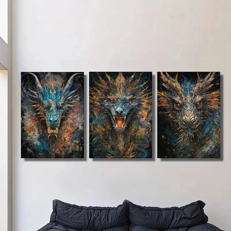 3pcs Colorful Fantasy Dragon Metal Wall Art Prints - Retro Ready to Hang Decor for Living Room, Bedroom & Office