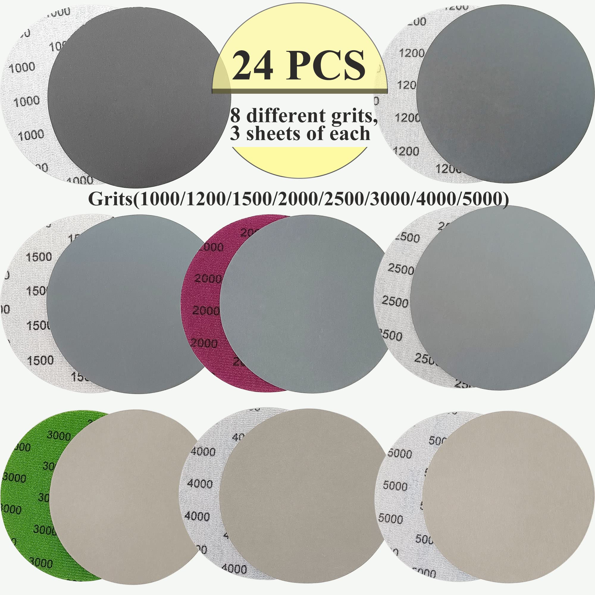 24PCS 5 Inch #1000-#5000 Grit Hook and Loop Wet Dry Sanding Discs - 1000/1200/1500/2000/2500/3000/4000/5000 Grit Sandpaper for Random Orbital Sander & Grinder - Perfect for Woodworking, Metal Polishing & Auto Body Sanding
