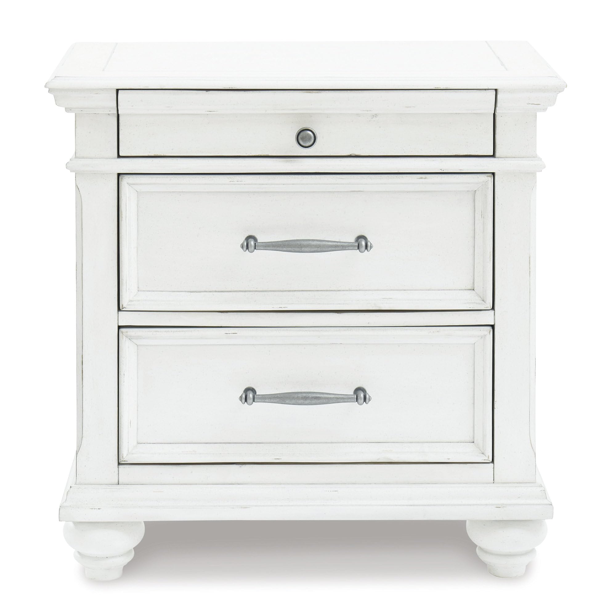 Distressed Whitewash Finish Ashley Three-Drawer Nightstand - Perfect for Bedroom, Living Room, or Guest Room Storage