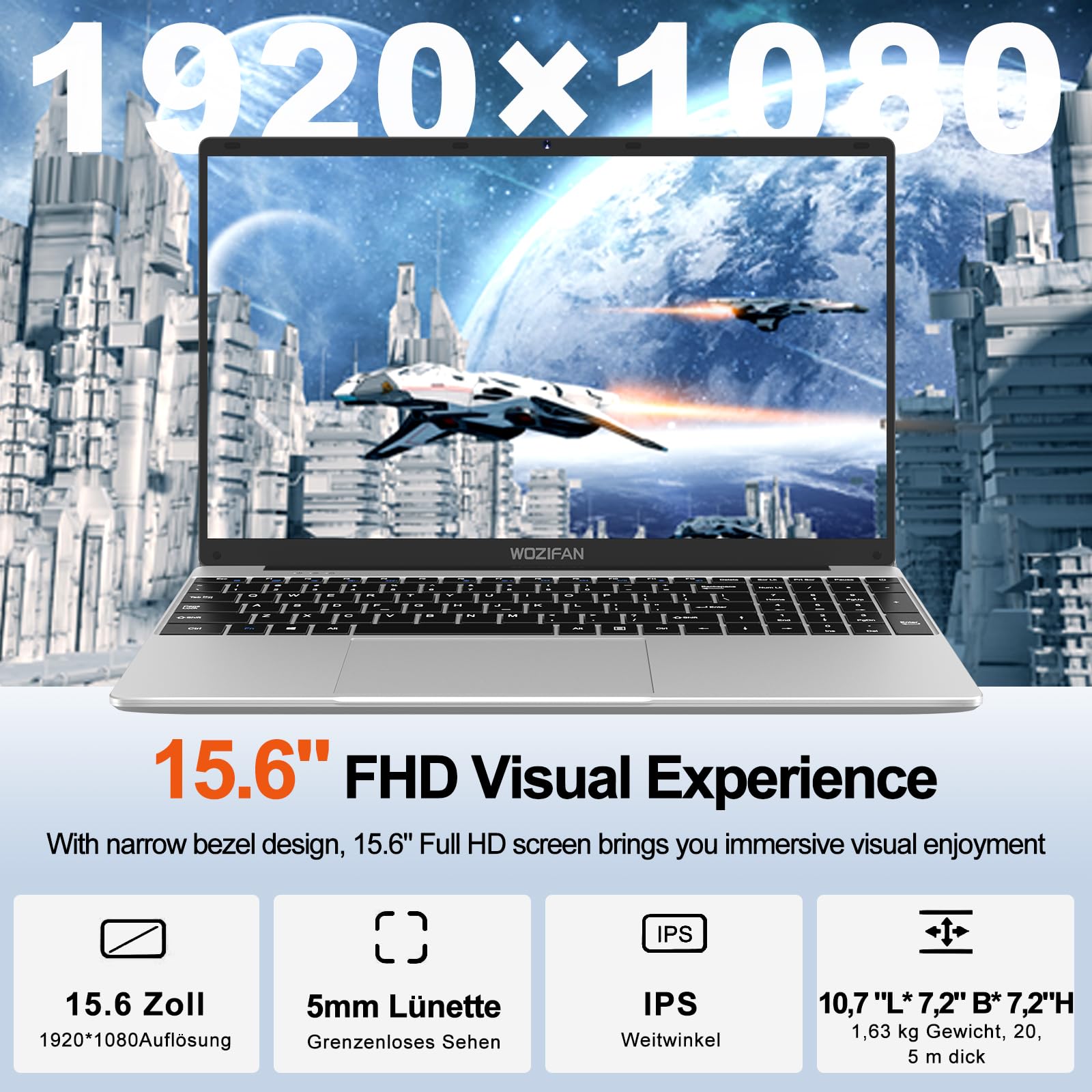 WOZIFAN 15.6 Inch Laptop - 256GB SSD, 2.4G+5G WiFi, 1080P FHD, Windows 11, Up to 2.8GHz, Bluetooth, USB, HDMI - Includes Wireless Mouse & German Keyboard Sticker (Silver) - Perfect for Work, Study, and Entertainment