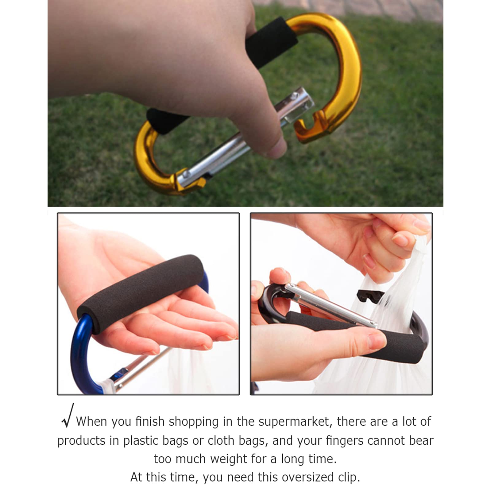 OMUKY 2-Pack Heavy Duty Carabiner Clips - Multipurpose Snap Hooks for Grocery Bags, Strollers, Backpacks & Shopping - Oversized Sponge Handle with Secure Locking Mechanism - Perfect for Outdoor Activities, Camping, Hiking & Daily Errands