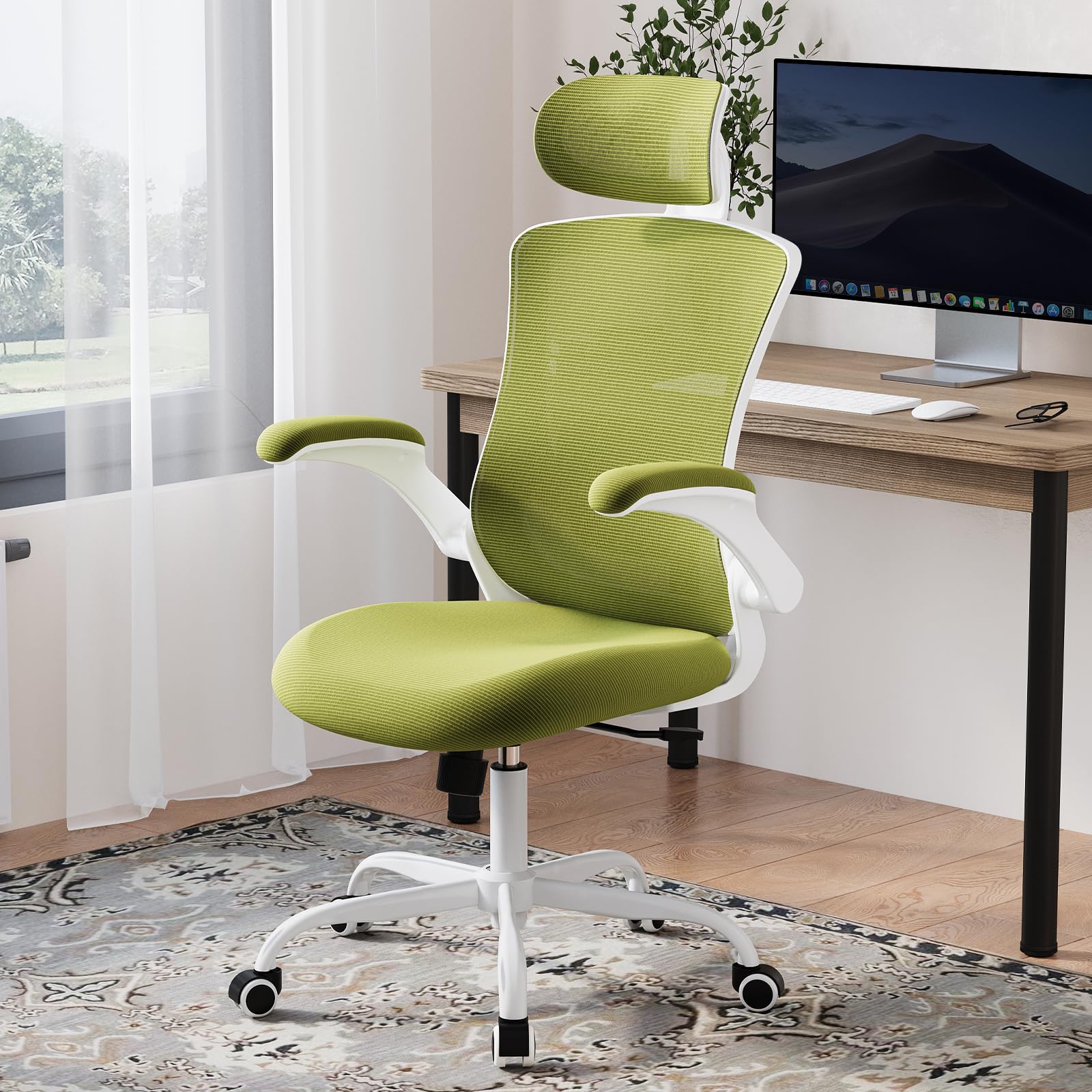 Ergonomic Office Chair with Adjustable Lumbar Support & Headrest - High Back Mesh Computer Desk Chair with Flip-Up Armrests - Breathable & Comfortable for Home Office, Gaming & Study - Green - Perfect for Long Work Hours & Remote Work
