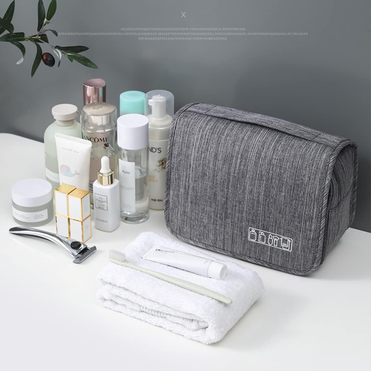 Trawila Large Capacity Travel Hanging Toiletry Bag - Waterproof Cosmetic Organizer with Sturdy Hook for Men & Women (Grey) - Perfect for Camping, Gym, Business Trips & Vacation Essentials